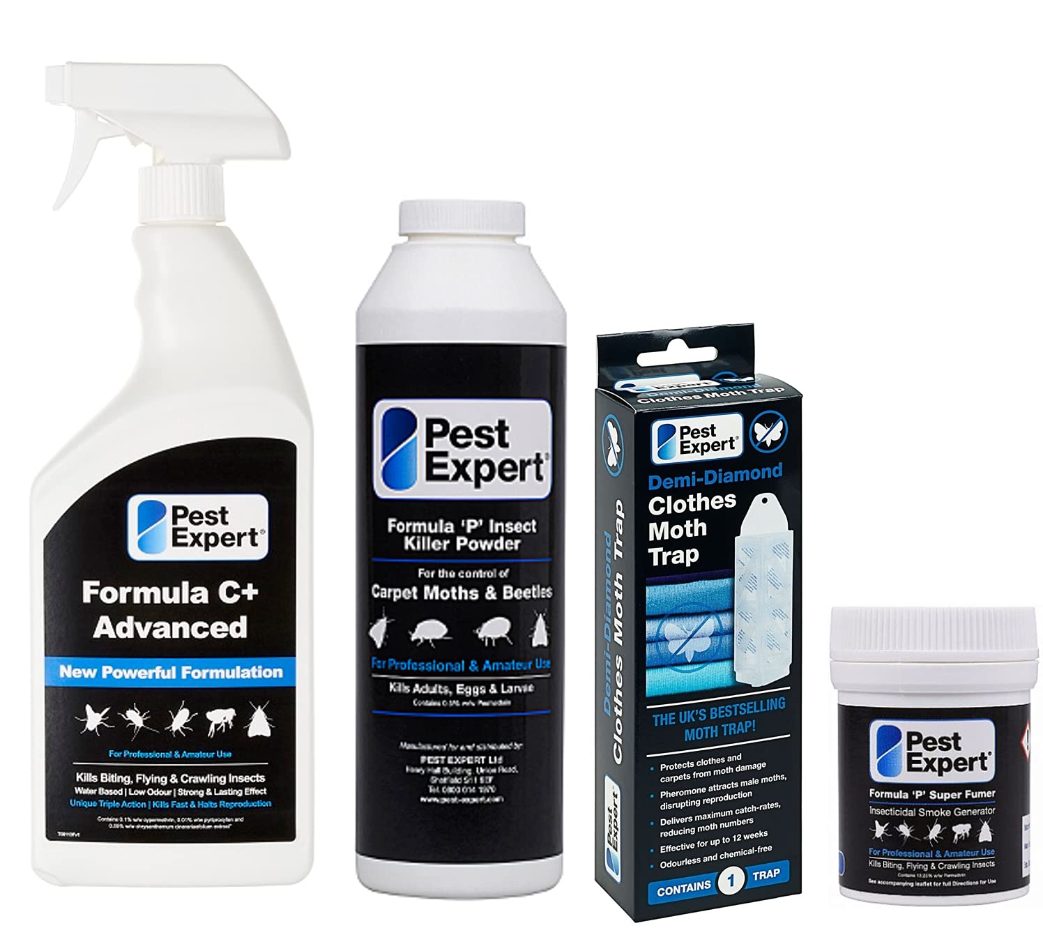 Pest Expert Carpet Moth Killer Spray 1Ltr, Moth Powder 300G, Super Smoke Bomb 11G, Demi Diamond Trap