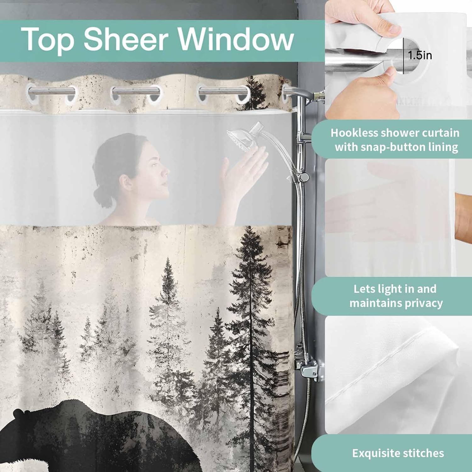 Retro Bear Forest No Hook Shower Curtain with Snap in Liner Set, Waterproof Shower Curtains for Bathroom, Oil Painting Beige Fabric Shower Curtain, See Through Mesh Top Window, 72"W x 78"L