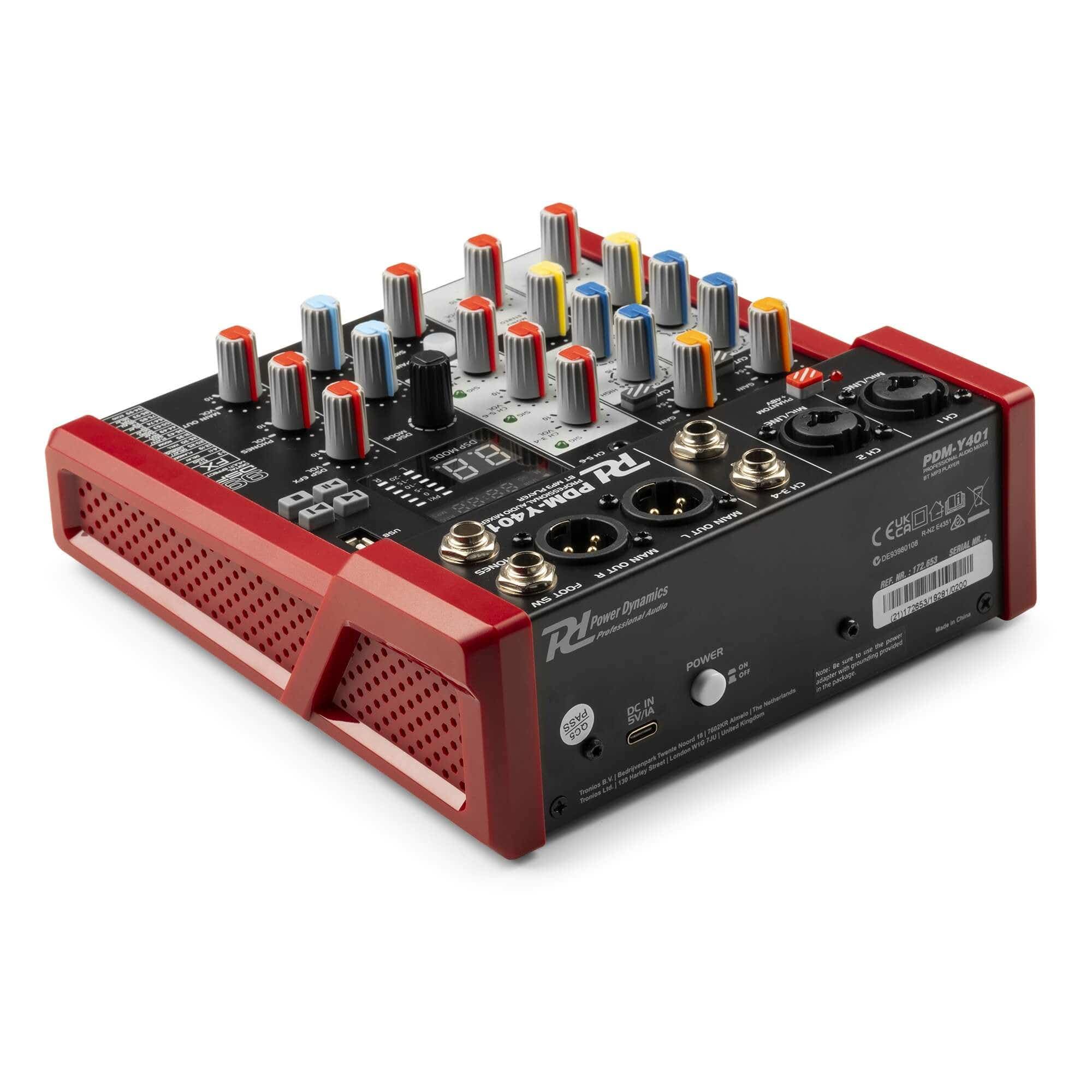 Power Dynamics PDM-Y401 Console de Mixage 4 Canaux avec Bluetooth - Entrées Micro, Alimentation fantôme 48V, Lecteur MP3 USB, Vu-Mètre, Idéal pour les DJs, Studios d'Enregistrement, Podcasts