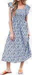 CUPSHE Women's Square Neck Striped Smocked Dress Ruffled Cap Sleeves Dress A Line Maxi Dress