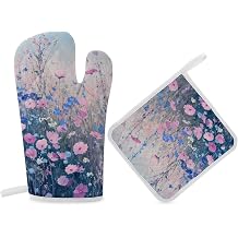 Wild Flowers Field Oven Mitts and Pot Holders Glorious Pretty Kitchen Cooking Gloves 2 Pcs Set Heat Resistant Pad for Baking BBQ Home Decor