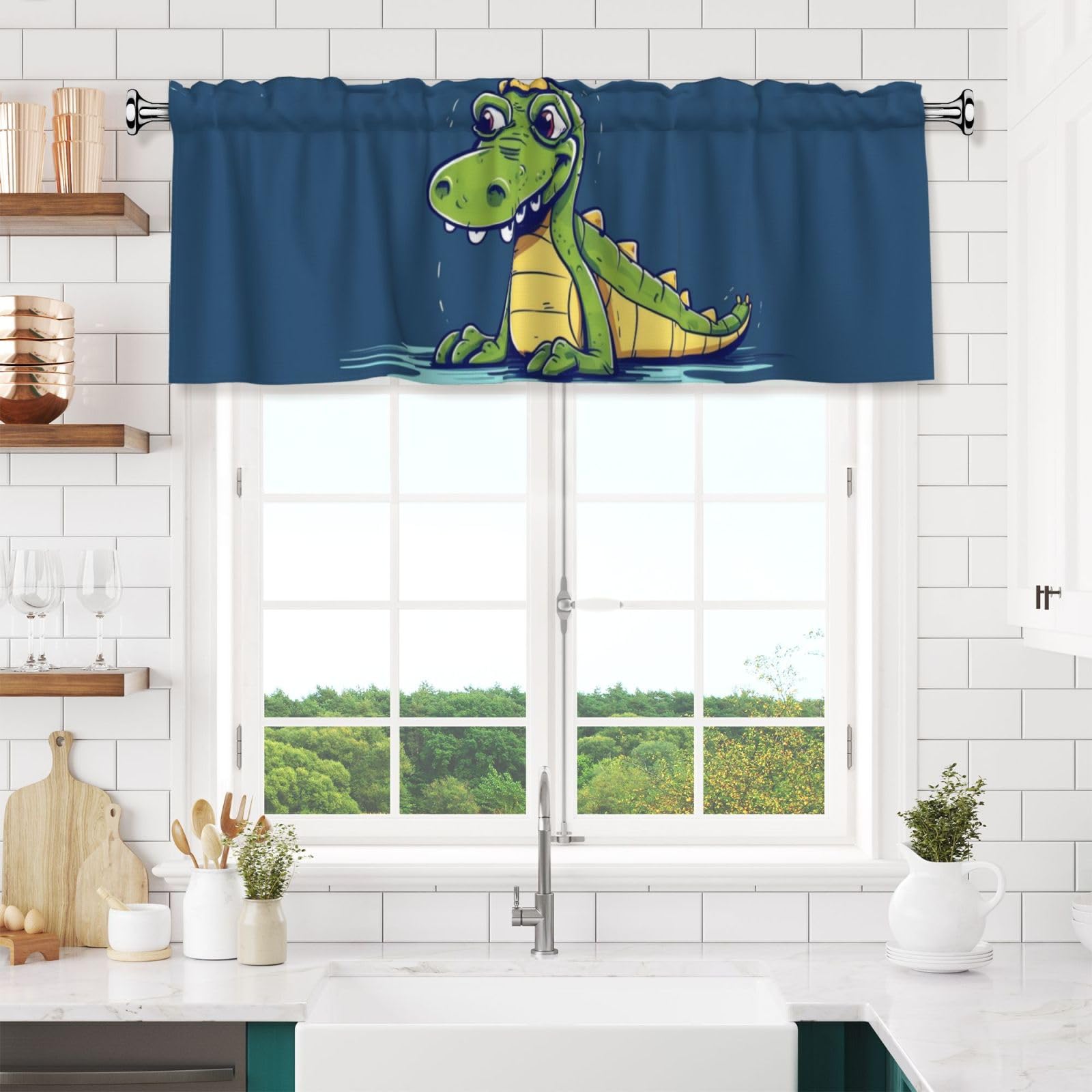 NONHAI Cartoon Crocodile Valances for Windows Short Curtains Rod Pocket Cafe Window Treatments Valance Curtains for Kitchen Bathroom Laundry Basement Windows 54x18inch Blackout Window Valance