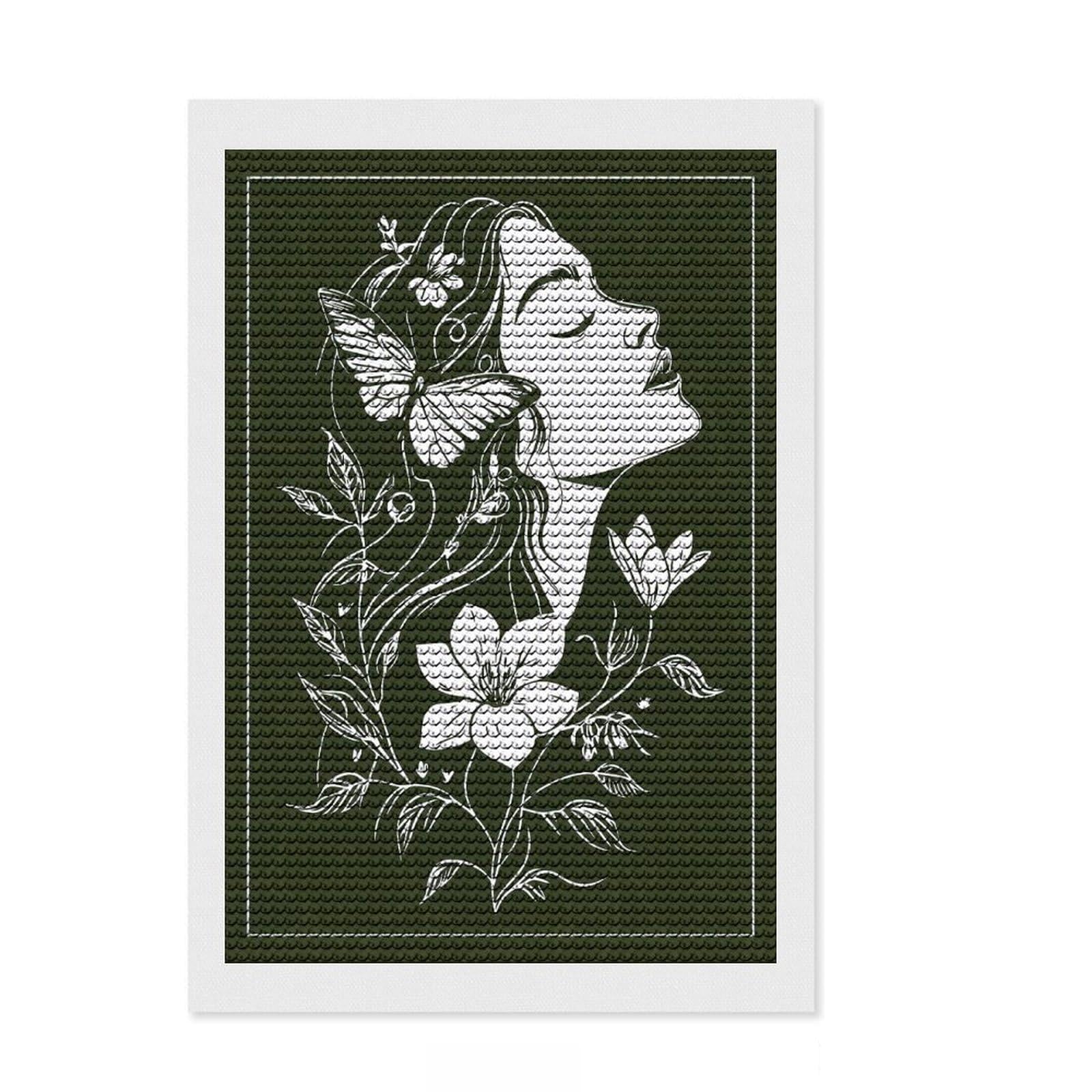 Junmoney Woman with Flowers and Butterfly DIY Diamond Art Canvas Kit 8"x12", for Adults, Finish and Display, Birthday Gift, Aesthetic Room Decor