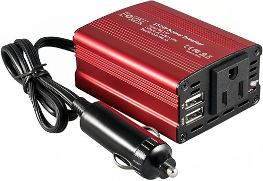 FOVAL 150W Car Power Inverter 12V DC to 110V AC Converter Vehicle Adapter Plug Outlet with 3.1A Dual USB Car Charger for Laptop Computer (Classic Red)