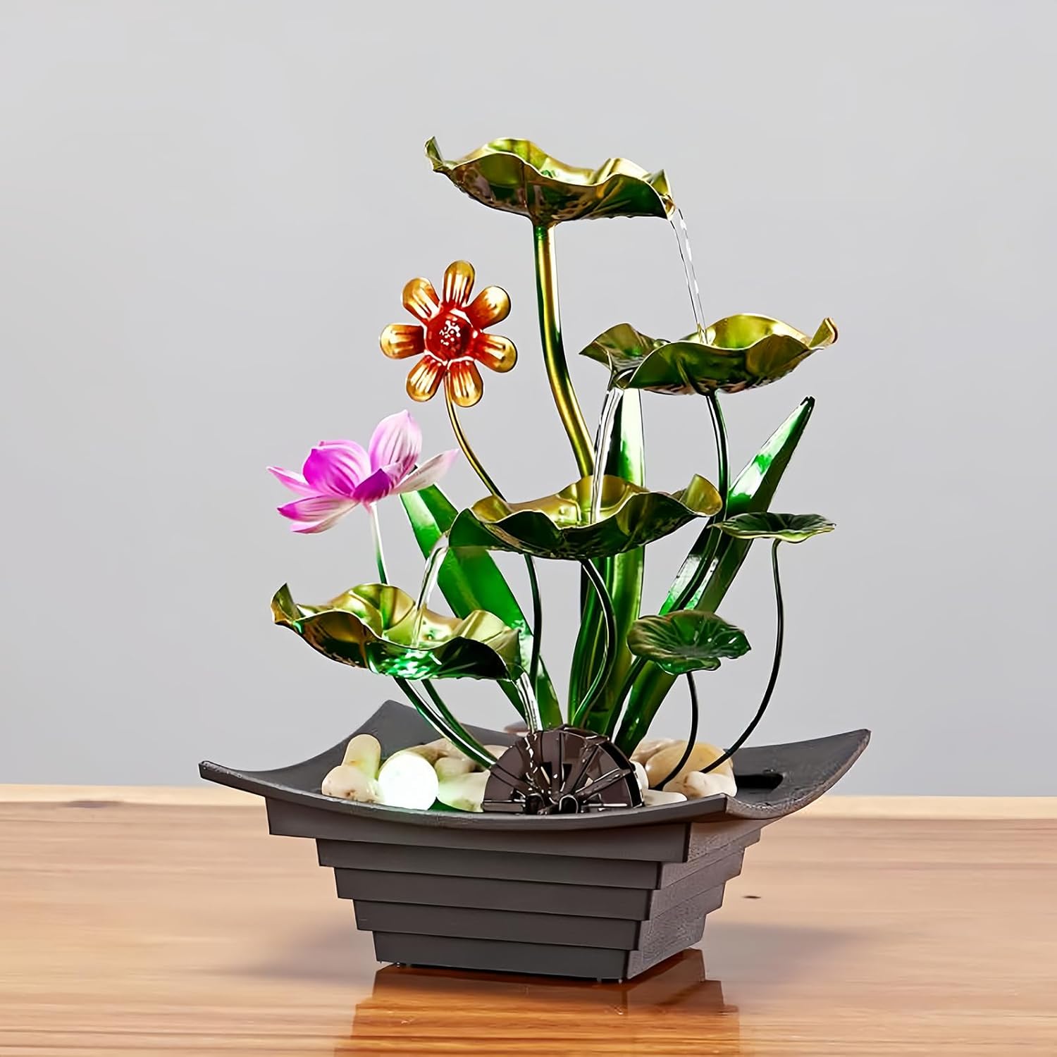 Water Fountain Indoor Waterfall Fountain Tabletop Fountain Lotus Desk Fountains mall Water Fountain Indoor Mini Waterfall Waterfall Iron Home Decor for Office Decoration (D)