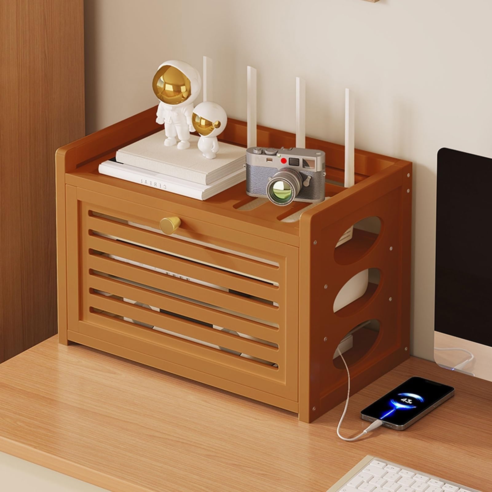 GSATREY WiFi Router Hidden Box, WiFi Storage Box, Floor-Standing Type Cable Management, Invisible Storage, Stylish Design, for Home Bedroom Living Room(Brown,30.5 * 20 * 28cm/12 * 7.8 * 11in)