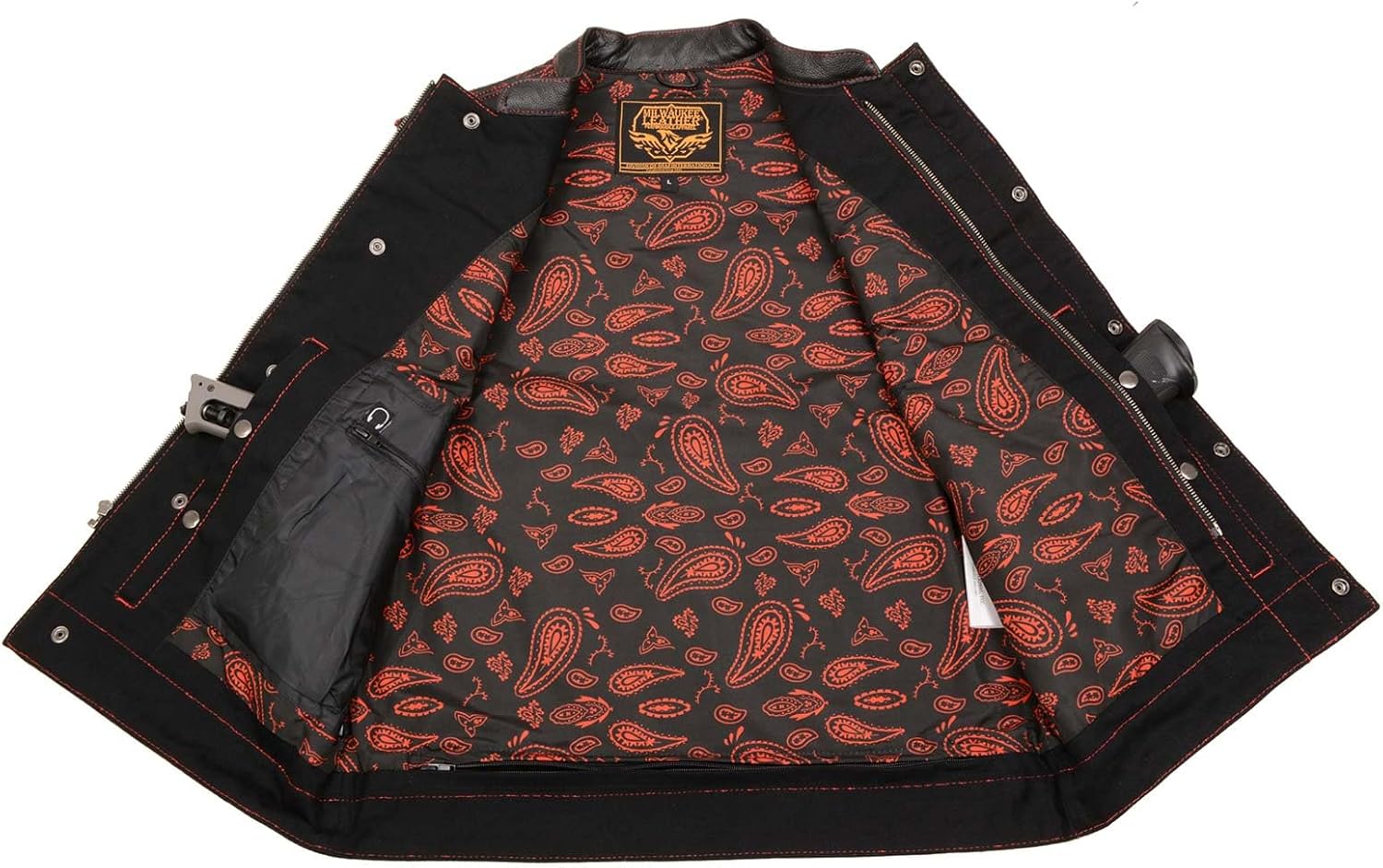 Milwaukee Leather MDM3036 Men’s Wrecker Club Vest – Black Denim & Leather, Diamond Quilt, Red Stitch