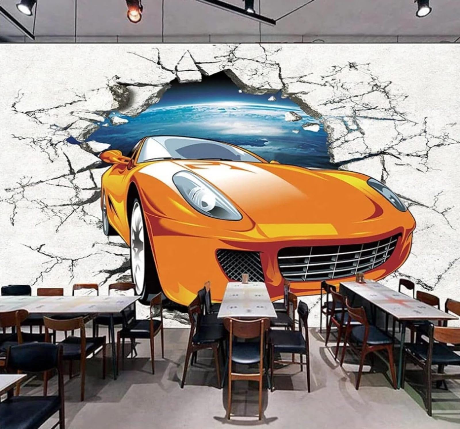 XLMING Minimalist Three Dimensional Car Breaking Through A Wall Starry Sky 3D Wallpaper Luxury Silk Study Dining Feature Sofa Grey Bedroom Living Room Tv Decorative Wall-400cm×280cm