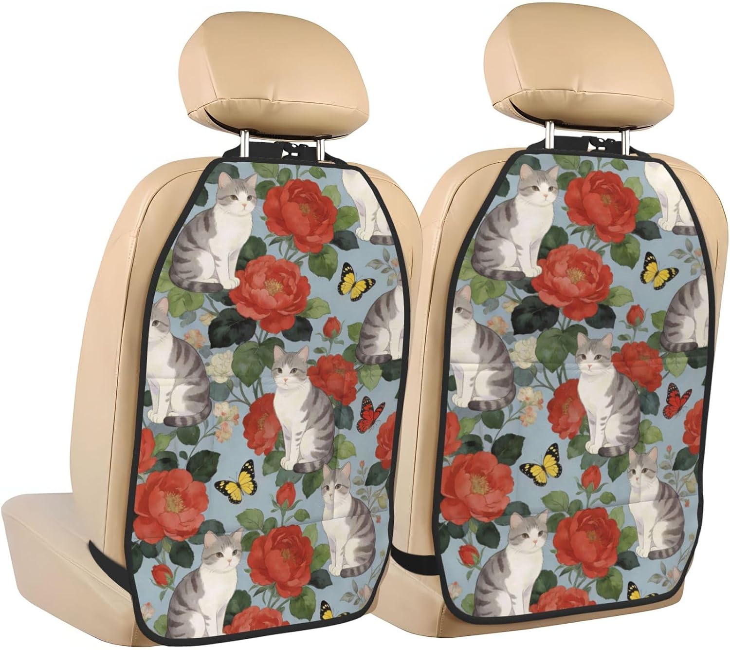 Floral Grey Cat Print Car Seat Back Kick Protector 2 Pack, 18.5x26.4 Inch Anti-Kick Pad, Waterproof Oxford Fabric Large Rear Seat Cover for Kids Pets Fits SUV Jeep Truck Sedan