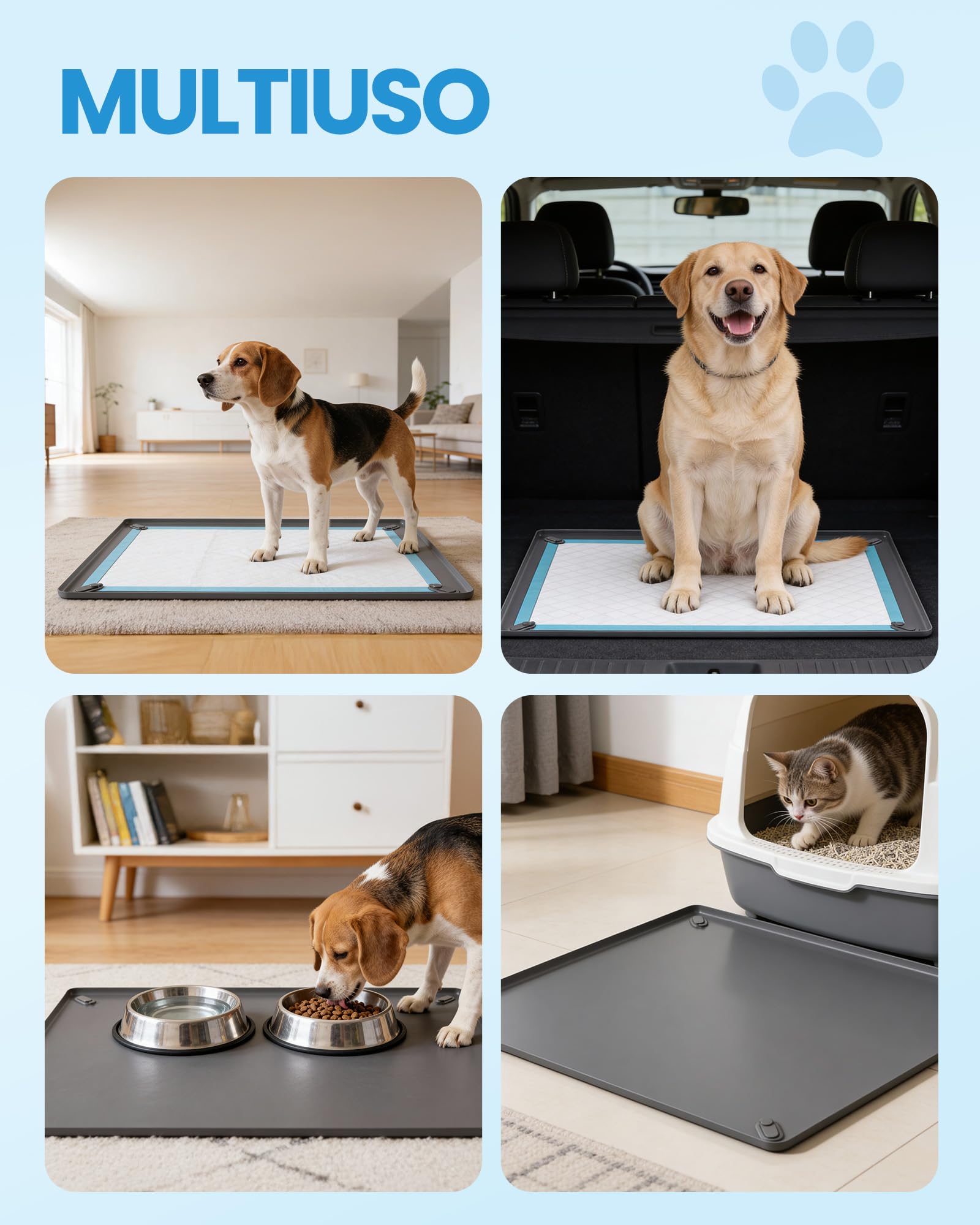 Kittyspout Vassoio Porta Traversine per Cani con 4 Clip Magnetiche – Base in Silicone Antiscivolo con Bordi Alti Antitrafilamento – Riutilizzabile per Cuccioli e Cani Anziani – 60 x 60 cm
