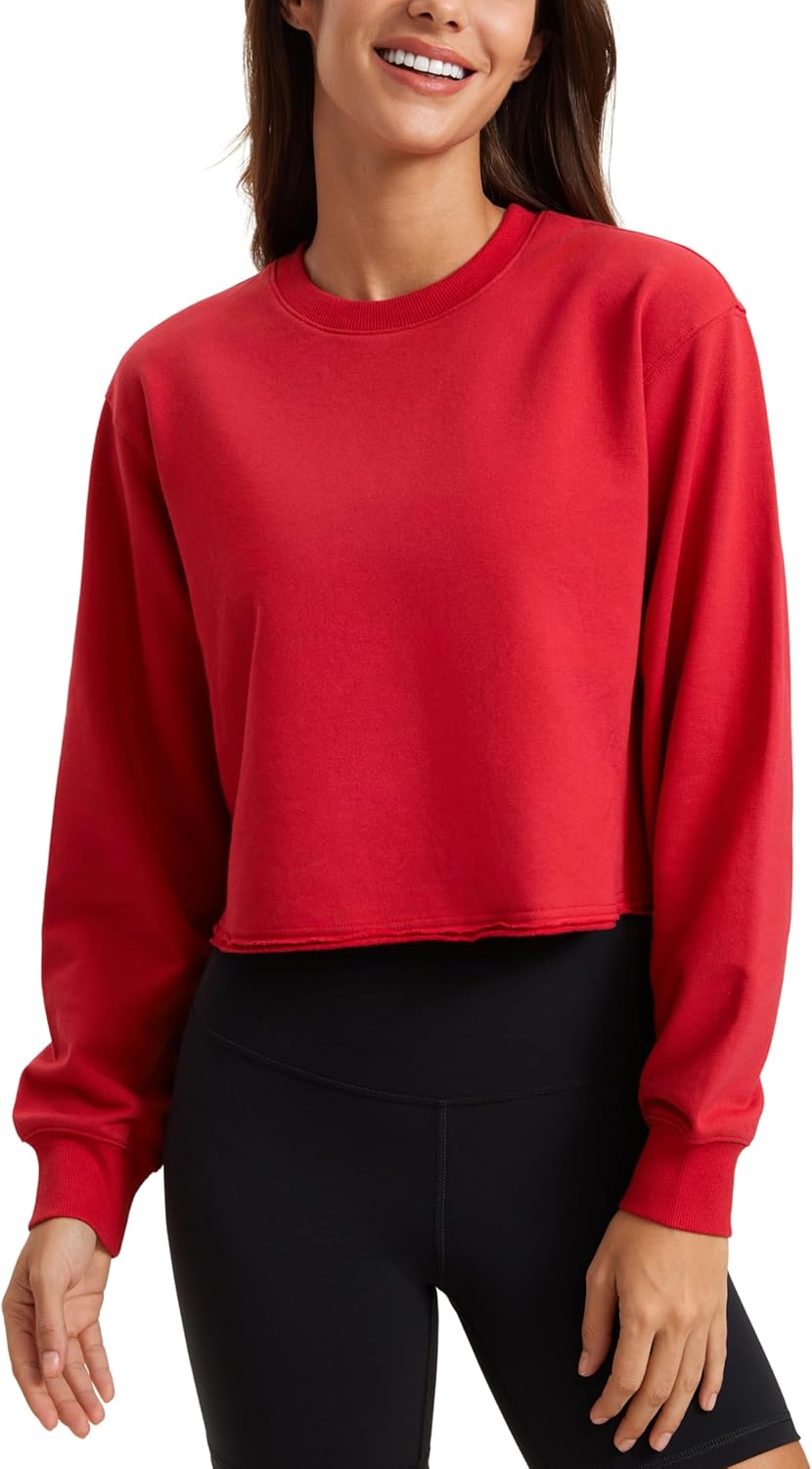 CRZ YOGA Womens Fleece Cropped Sweatshirts Crewneck Long Sleeve Sweat Shirts Double Raw Hem Workout Casual Pullover Tops