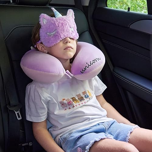 Miniatura 2 de urnexttour Almohada cervical de viaje para niños, el mejor regalo de unicornio para niñas con mochila, collar, máscara de sueño y tapones para los