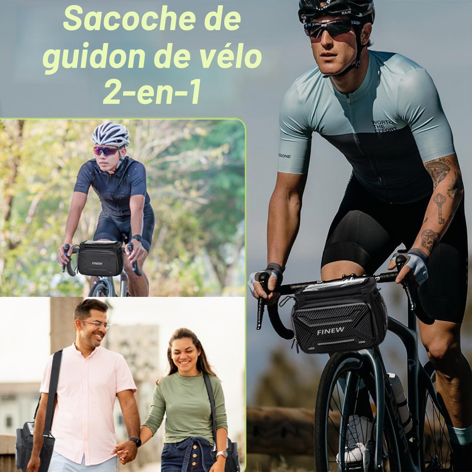 Sacoche de guidon FINEW pour vélo avec adaptateur de guidon pour E-Bike et vélo, panier avant de vélo de 6L, sacoche de guidon étanche avec support pour téléphone portable, écran tactile, bandoulière