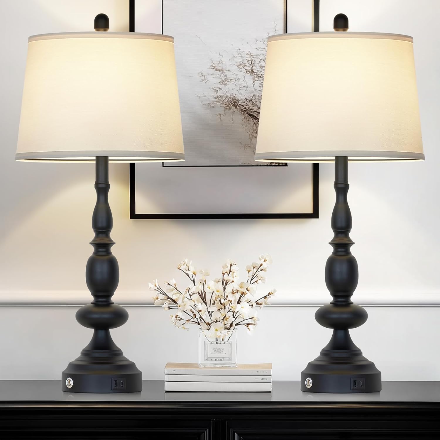 29" Black Modern Table Lamps Set of 2, Industrial Touch Control 3-Way Dimmable Bedside Lamp with USB C+A Ports, Metal Nightstand Lamps for Living Room Bedroom Office Home(2 LED Bulbs Included)