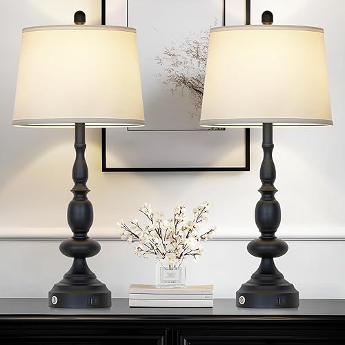 29" Black Modern Table Lamps Set of 2, Industrial Touch Control 3-Way Dimmable Bedside Lamp with USB C+A Ports, Metal Nightstand Lamps for Living