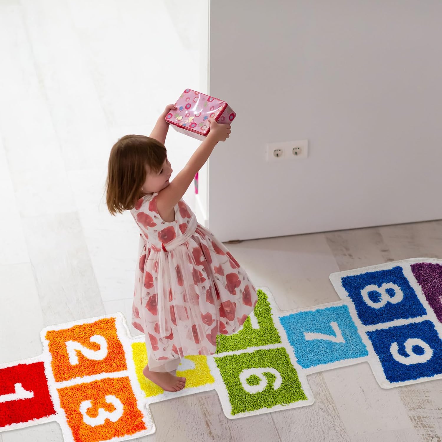 Whaline Hop and Count Hopscotch Game Rug Tufted Bath Mat Colorful Number Educational Non-Slip Washable Floor Mat for Kids Room Playroom Classroom Nursery Kindergarten Decor