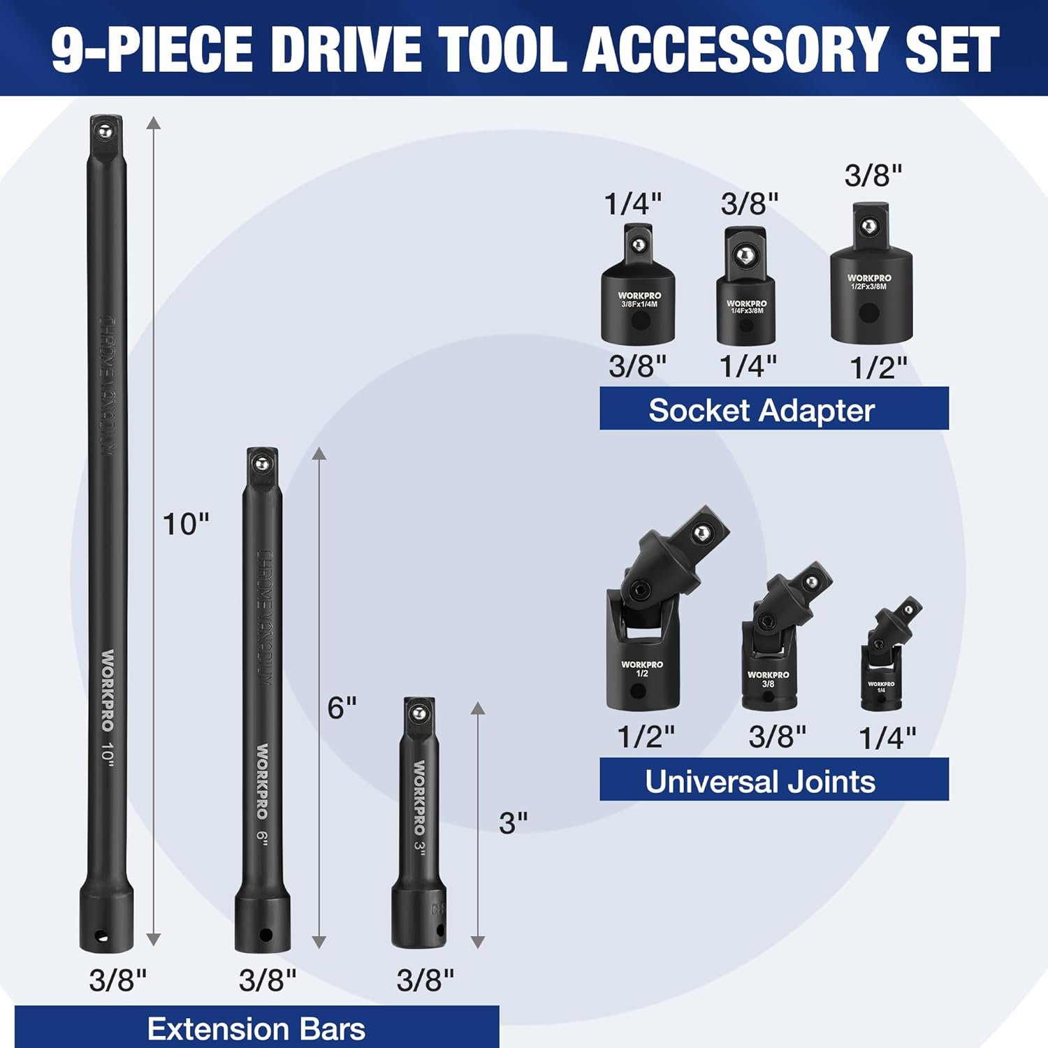 WORKPRO 9-Piece Impact Socket Extension Set, Includes 3/8" Drive Extension Bar Set, 1/4", 3/8" & 1/2" Drive Universal Joints and Adapters, Premium Chrome Vanadium Steel with Black Phosphate Finish