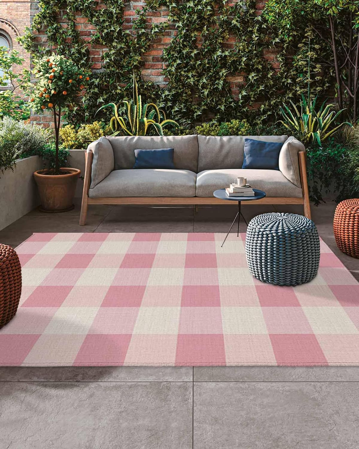 Outdoor Rug 4x6 ft Pink White Plaid Outdoor Large Area Rug Non Slip Rubber Abstract Art Washable Front Door Mat RV Rug Camping Carpet Patio Outdoor Rugs for Backyard Balcony Deck Porch Indoor