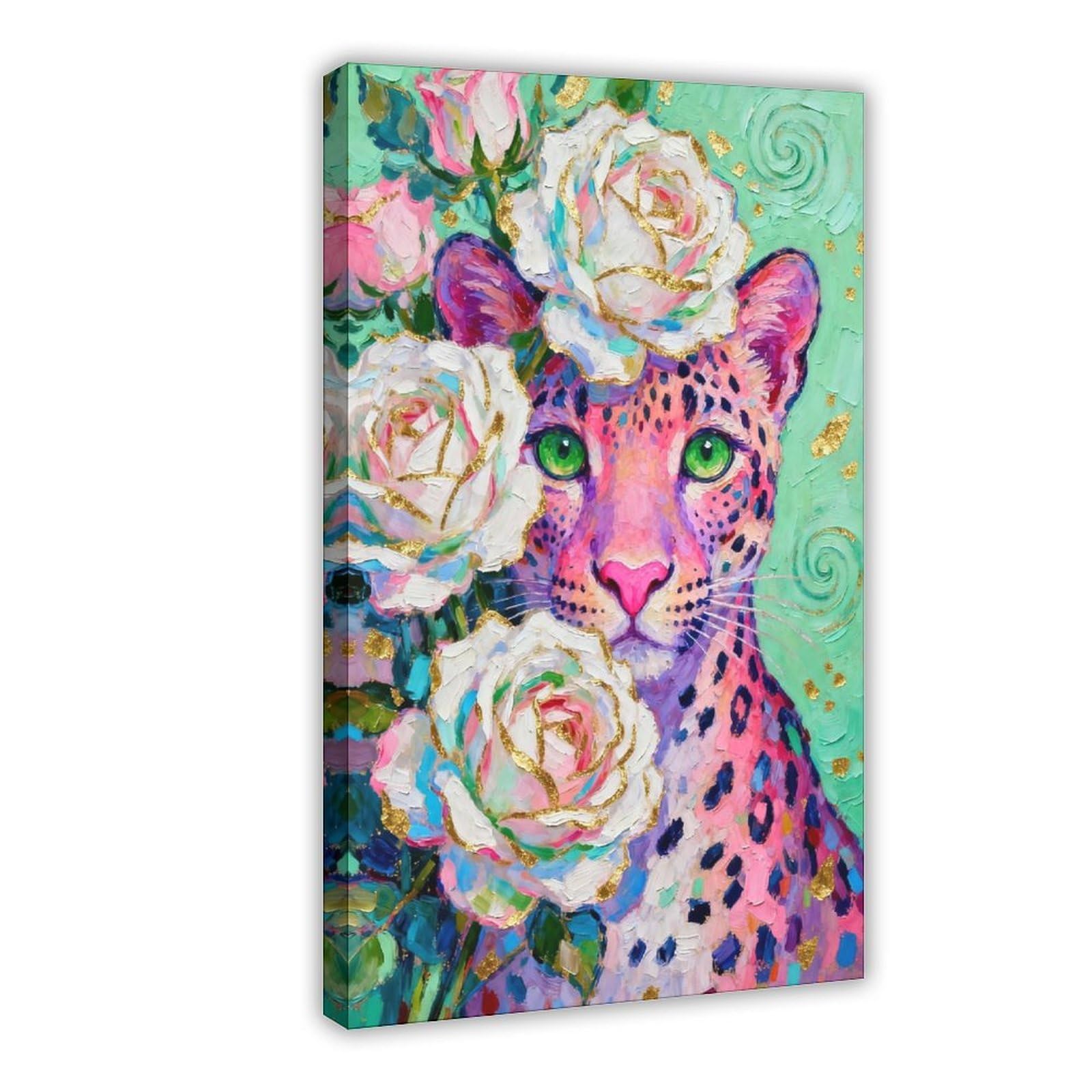 Bareronor Animal Portrait Pink Leopard Canvas Poster Bedroom Decor Landscape Office Room Decor Gift 20" L X 30" W