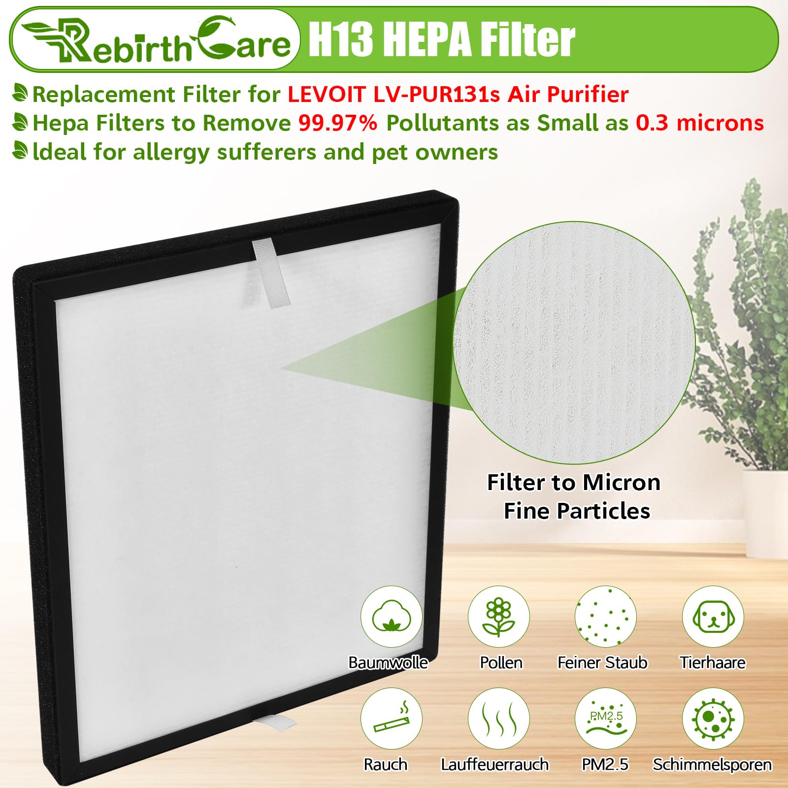 Rebirthcare 2 Stück Ersatzfilter für Levoit LV-PUR131 und für lv-pur131s Luftreiniger, Hocheffizientes HEPA-Kombifilter & Aktivkohlefilter Set für Ersatz lv-pur131-rf