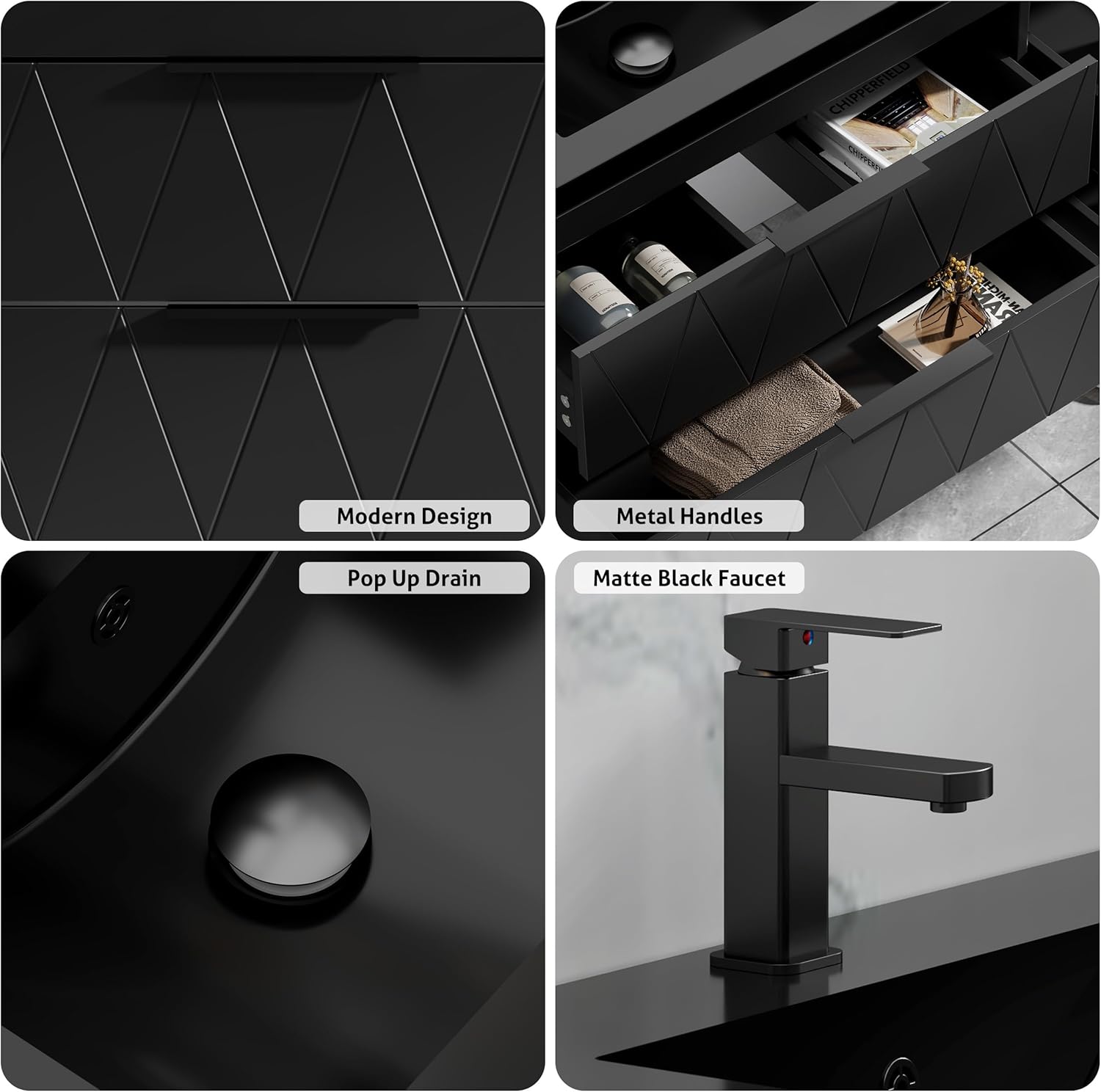 eclife 30" Bathroom Vanity Sink Combo, Modern Floating Cabinet W/Decor Line, Wall Mounted Bathroom Vanities with Undermount Single Black Sink, 2 Extra Big Drawers, Faucet, Drain, Black