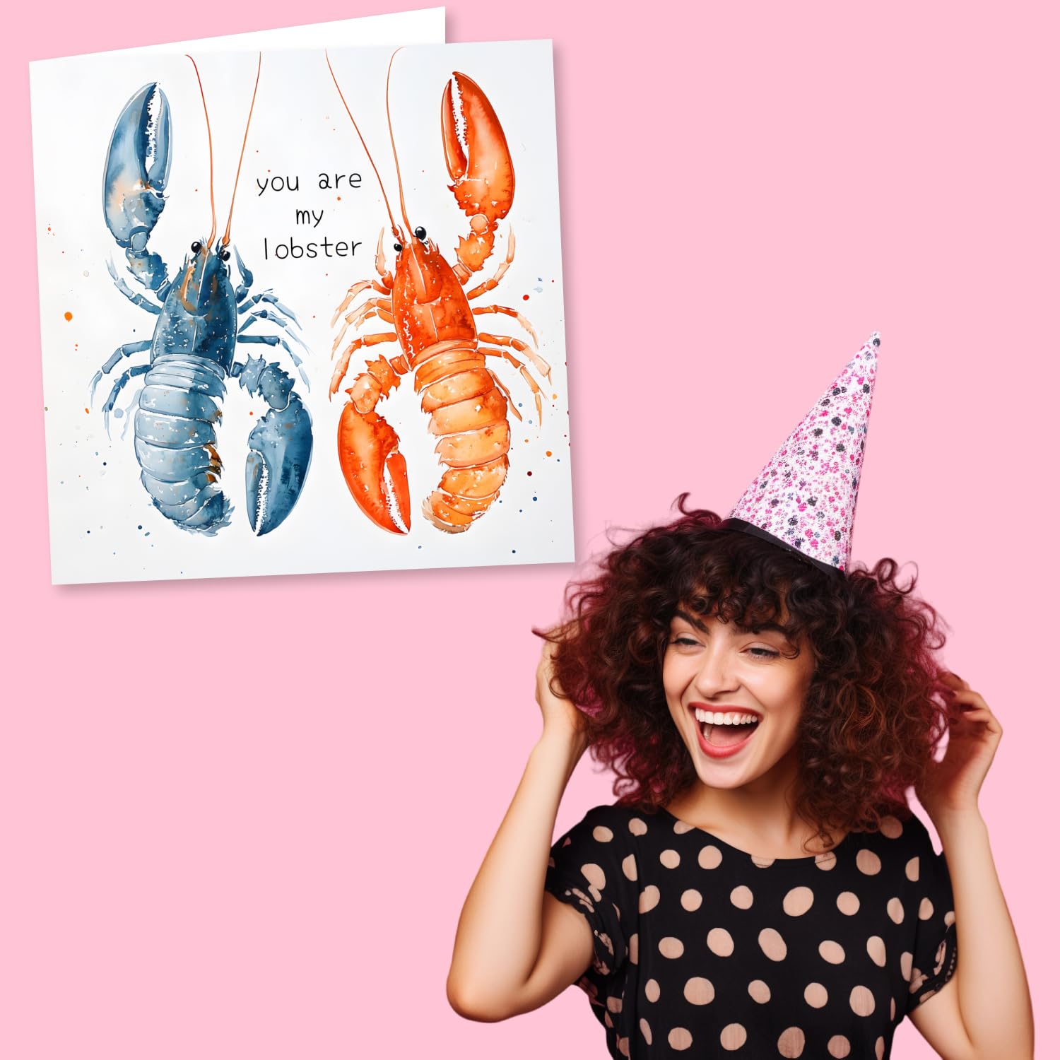 Bonita tarjeta de cumpleaños de langosta, tarjeta de aniversario o tarjeta de San Valentín para pareja, diseño de langosta naranja y azul para marido, esposa, novia, novio