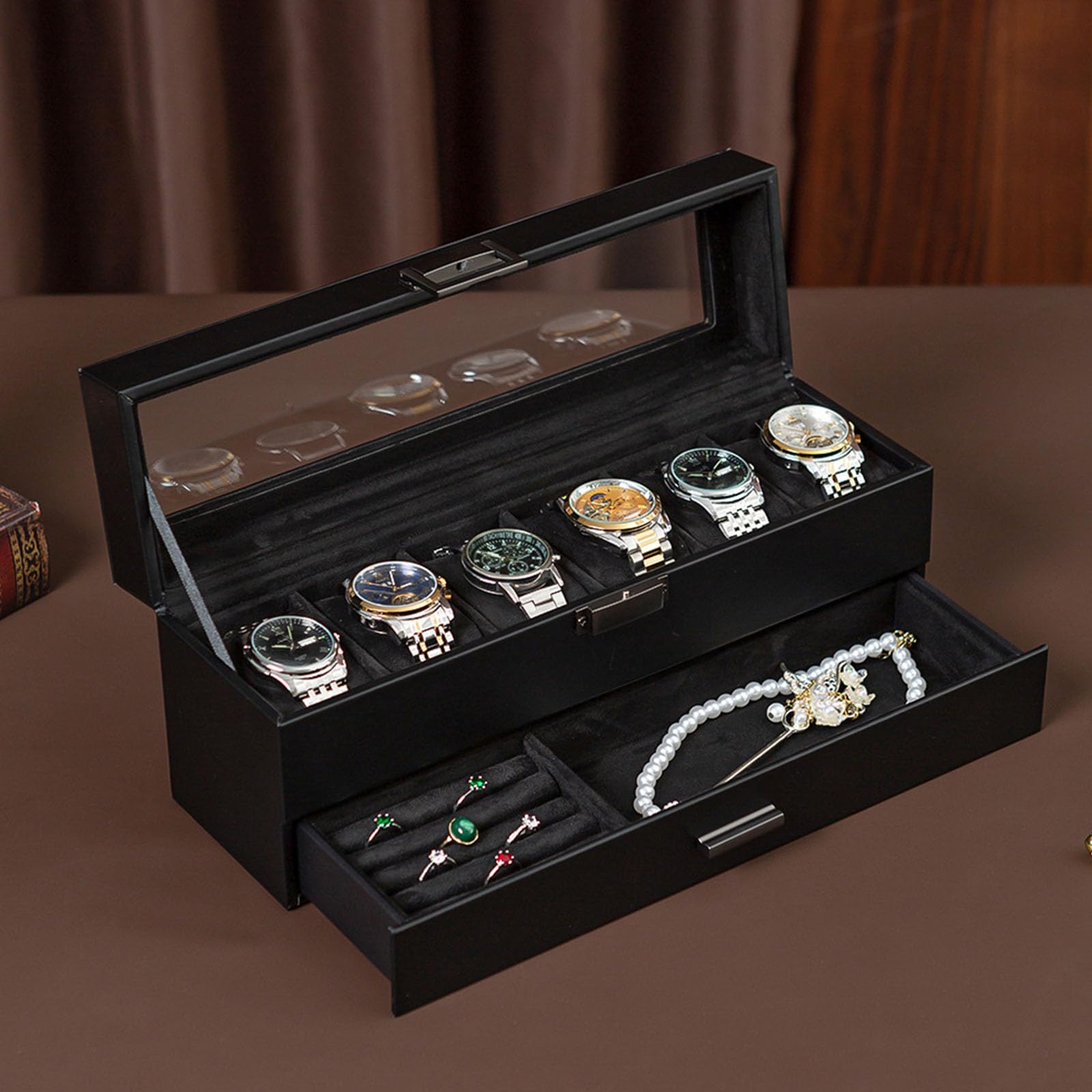 Estuche de almacenamiento de lujo de piel sintética con 6 ranuras y 2 capas para organizar tu colección ordenadamente organizadores de joyas, organizadores de relojes de piel sintética