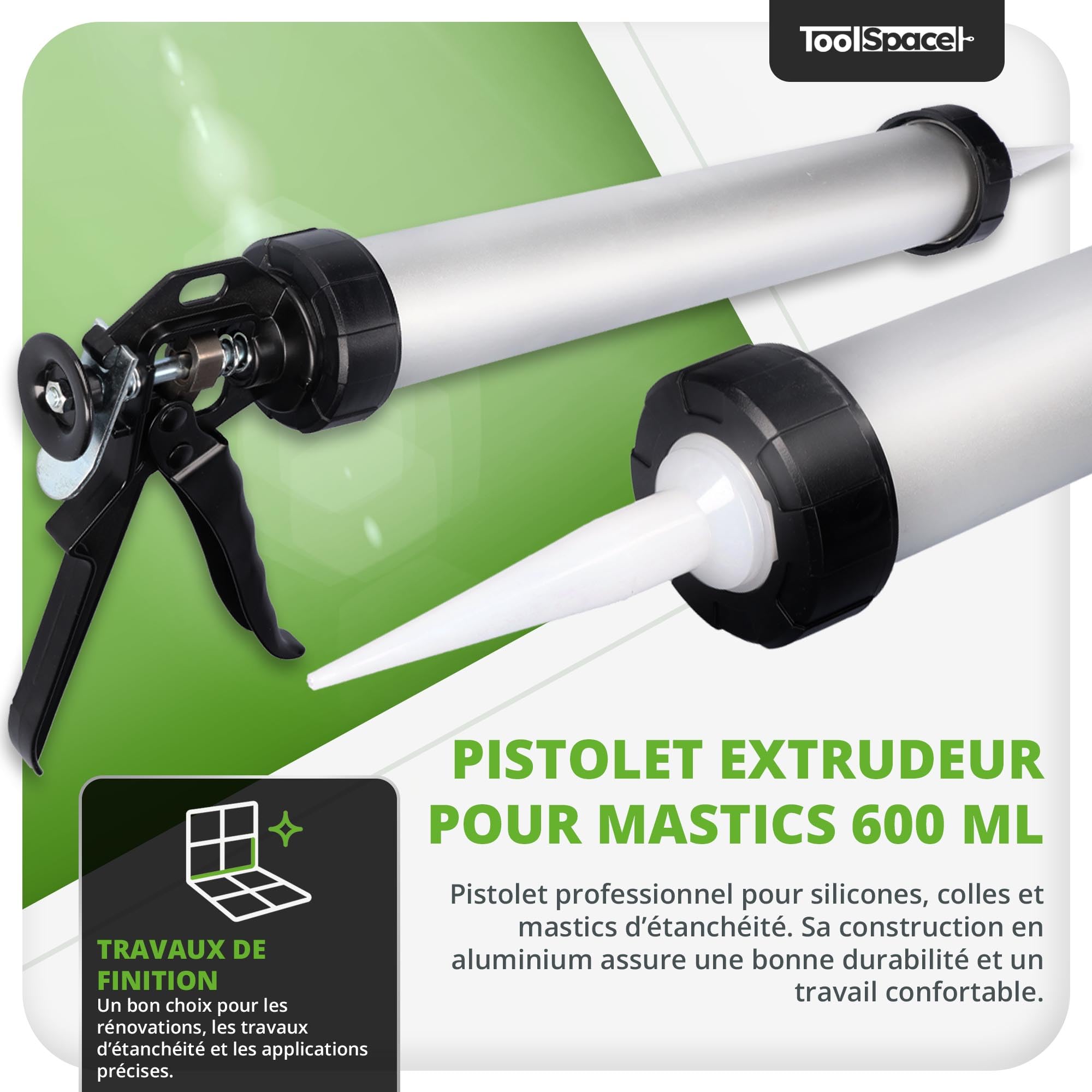 ToolSpace Pistolet à Cartouche Presse à Mastic Extrudeuse Silicone Applicateur Usage Intensif pour Colles Mastics Joints Mortiers Résines Antirouille Ergonomique - 600 ml en Aluminium