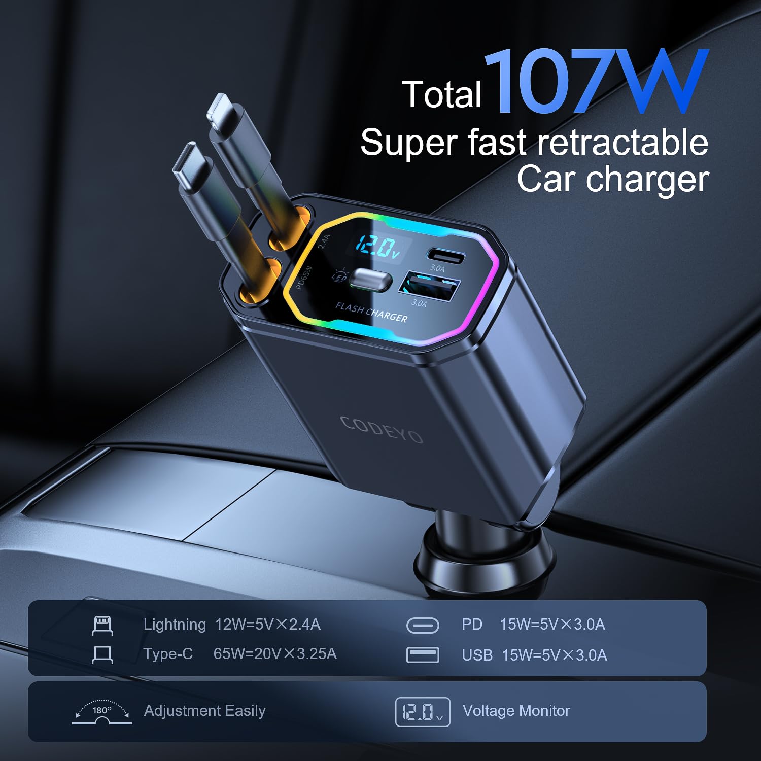 107W 4 in 1 Retrattile Caricatore Auto, Caricabatterie Telefono Auto Veloce, Ricarica Rapida PD 65 W, Adattatore Caricabatterie Auto per iPhone 16/15/14/13/12/11, Galaxy, Pixel, notebook USB-C