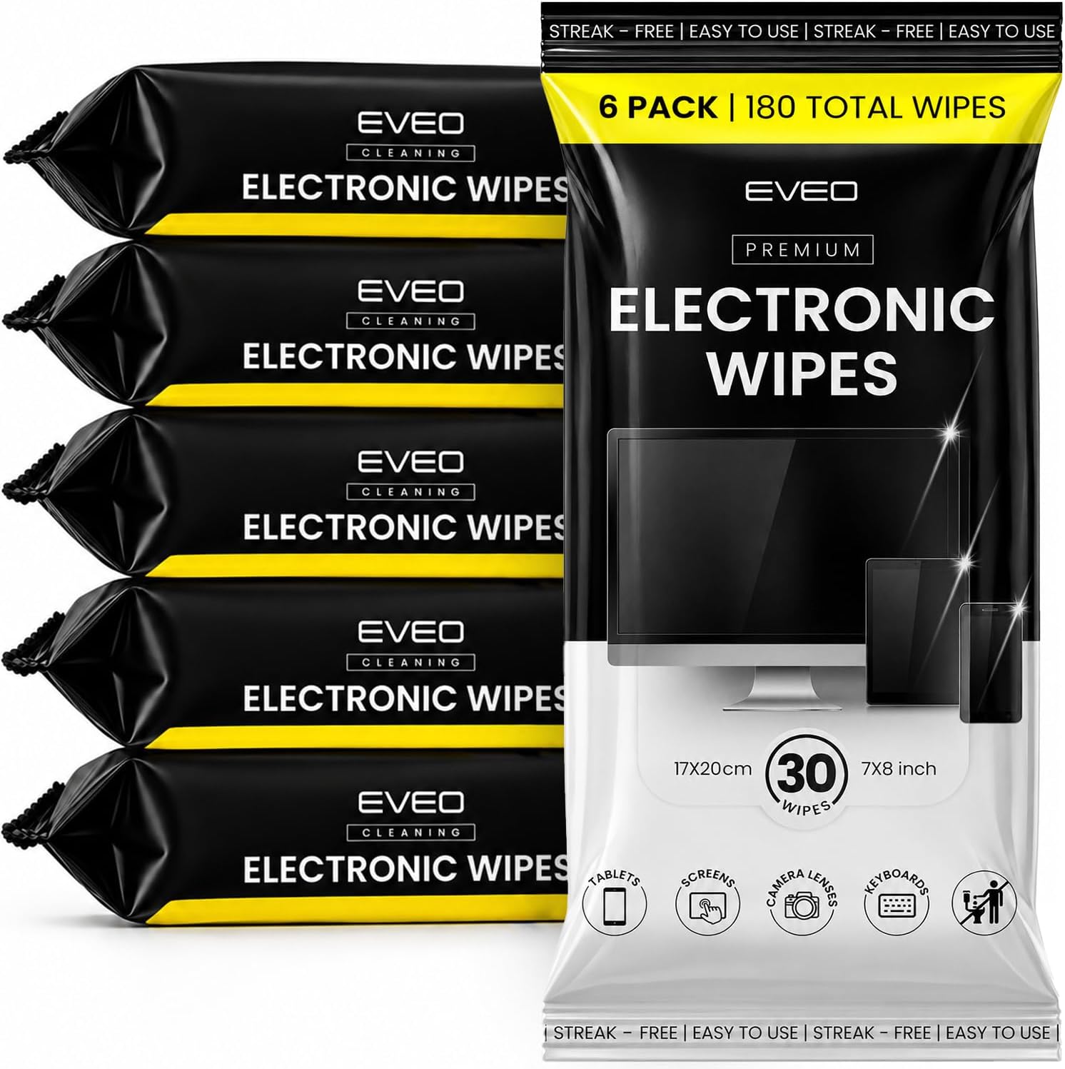 EVEO Electronic Wipes Screen Cleaner - Screen Wipes TV Screen Cleaner Wipes, Computer Screen Wipes, Laptop Screen Cleaner, ipad & Monitor Cleaner, Screen Cleaning Wipes (6 pack (180 wipes))