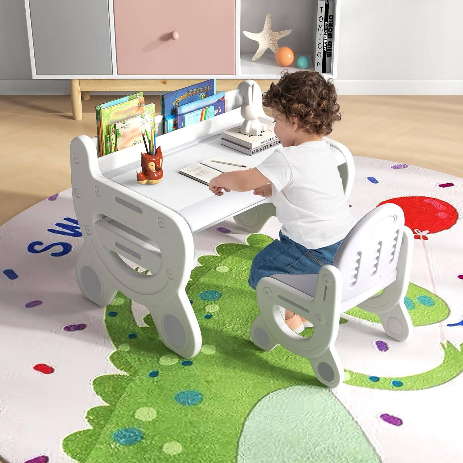 HONEY JOY Kids Table and Chair Set, Plastic Children Activity Table and Chair w/Graffiti Desktop, Storage, Markers & Eraser, Toddler Table and Chair Set for Daycare Playroom Classroom (Gray)