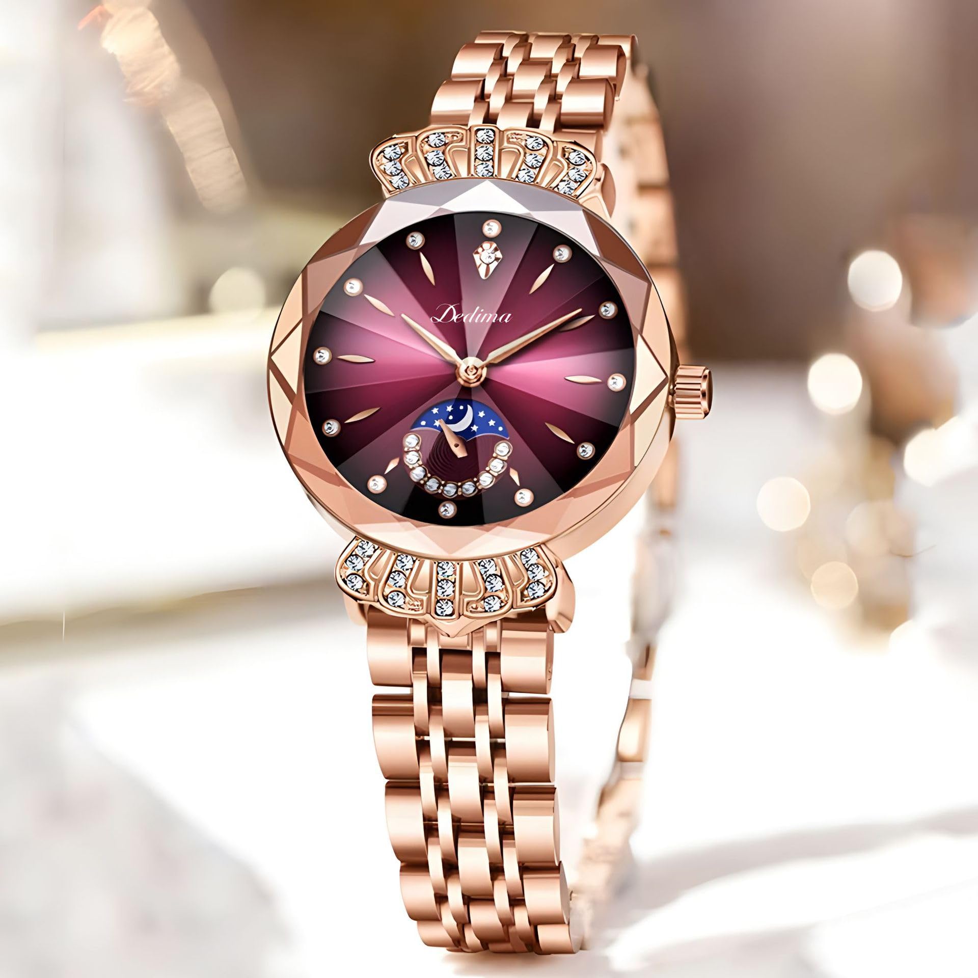 FANMIS Reloj de pulsera de oro rosa con detalles de cristal para mujer