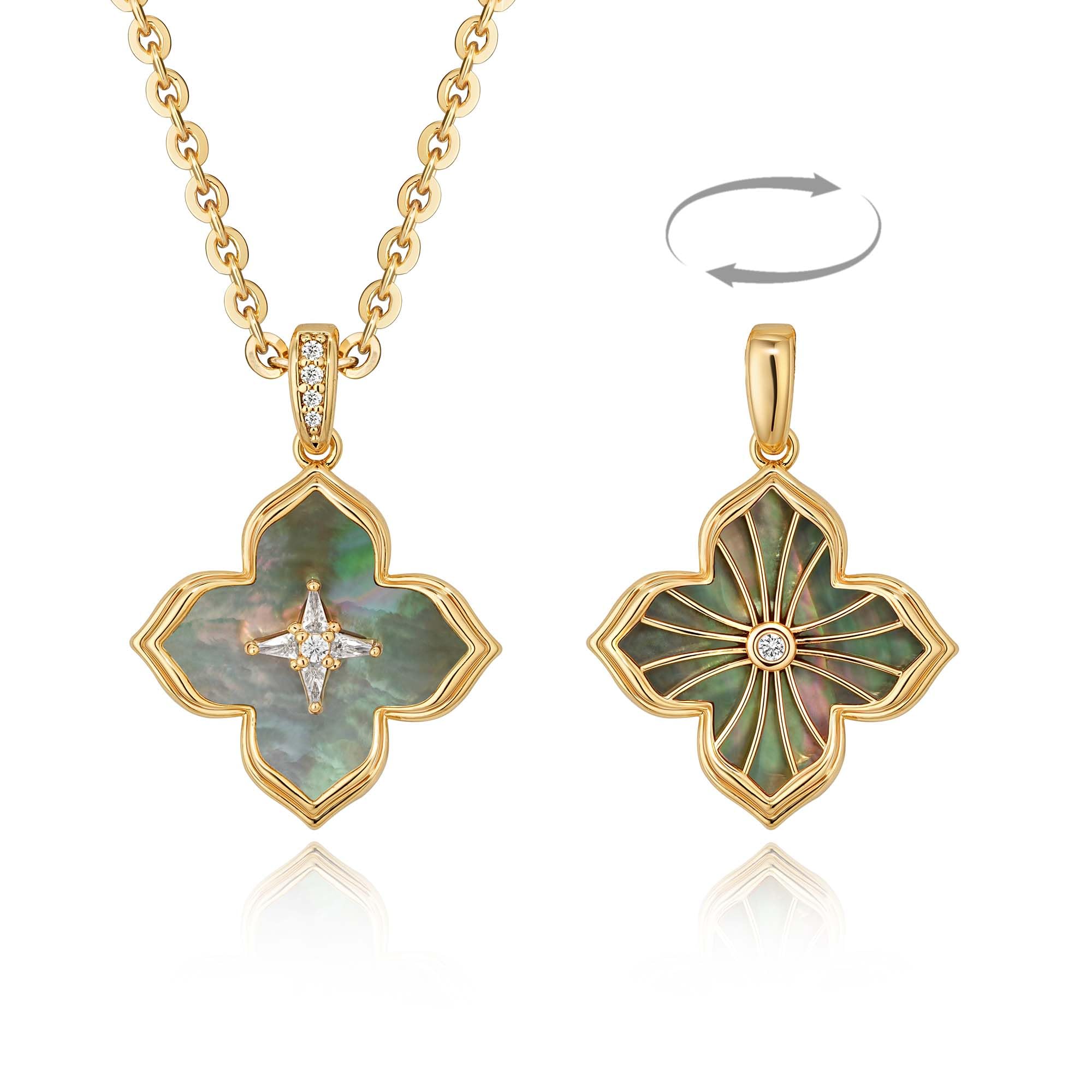 Fettero Necklaces for Women Gold Charm Necklace 2 Sided Lucky Clover Pendant 14K Gold Plated Chain Cross Mom Pearl Necklace for Women Jewelry