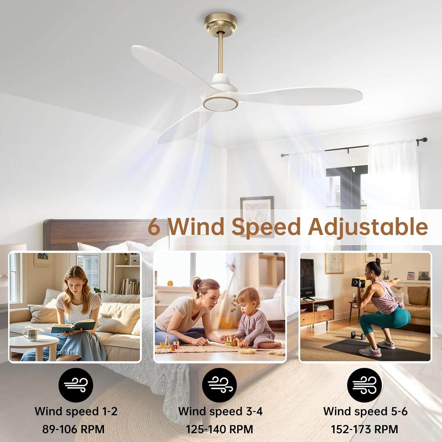 Ovlaim 52 Inch Ceiling Fans with Lights and Remote, Quiet DC Motor 3 Blade Indoor High CFM White Gold Modern Ceiling Fan for Bedroom Living Room