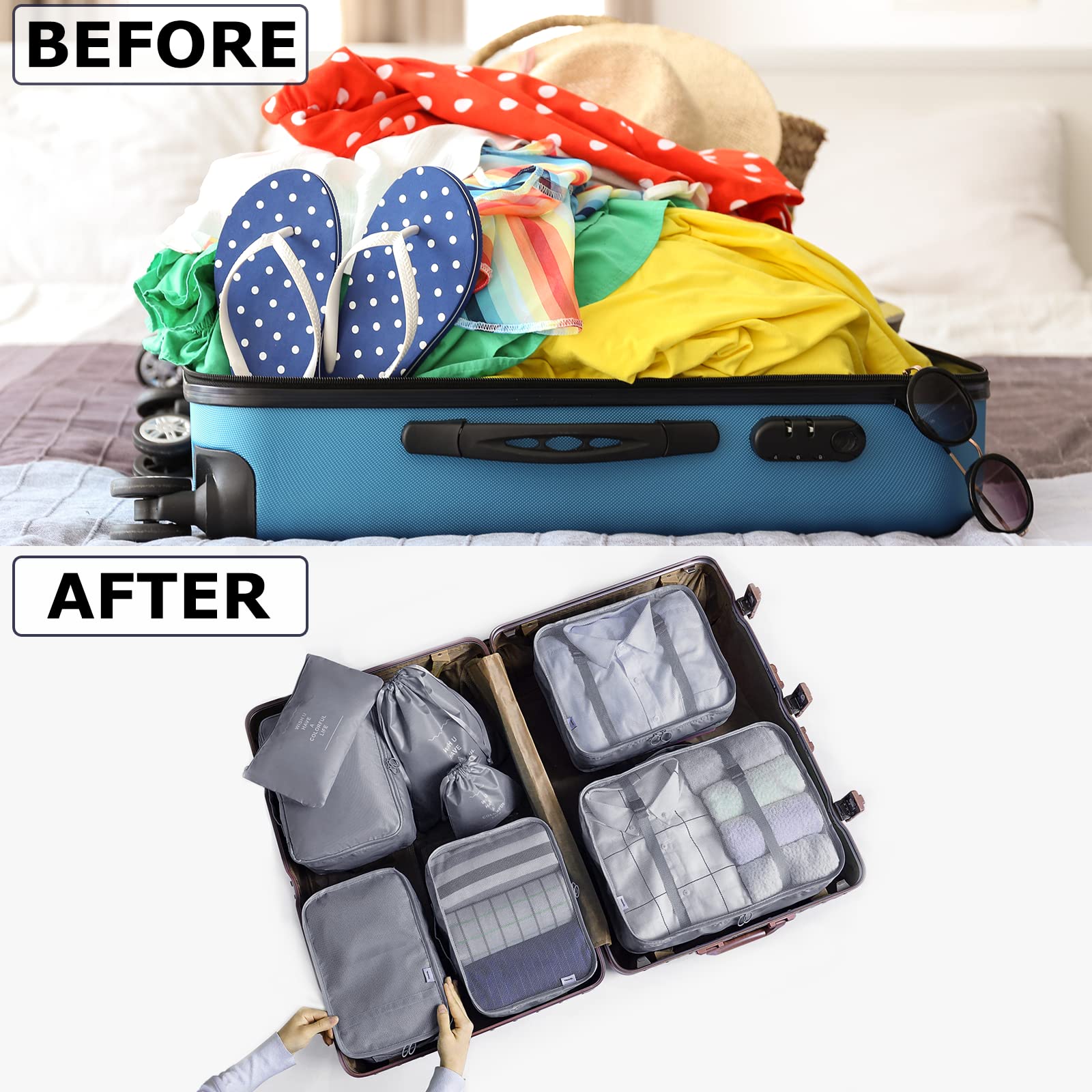 BillyBath 8-en-1 Set d'Organiseurs de Bagage pour Voyage, Sacs à Vêtements, Chaussures, Sacs de Rangement pour Cosmétiques (Gris) 030