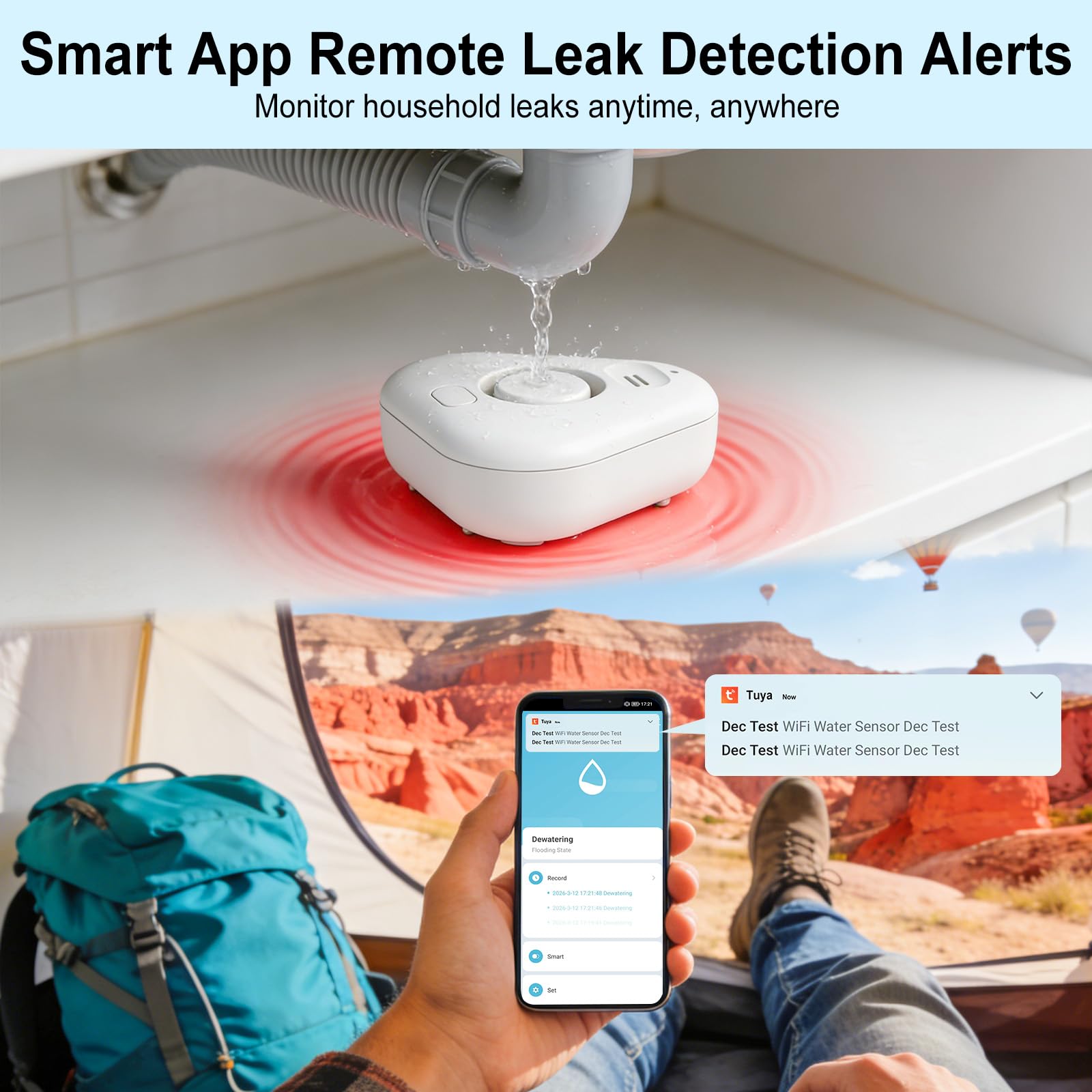 Wi-Fi sensore allagamento con Batterie, Rilevatore perdite acqua tubi IP66 con Allarme Regolabile fino a 120 dB, Sensore di Livello per Cucine, Bagni e Cantine, 3 Pezzi