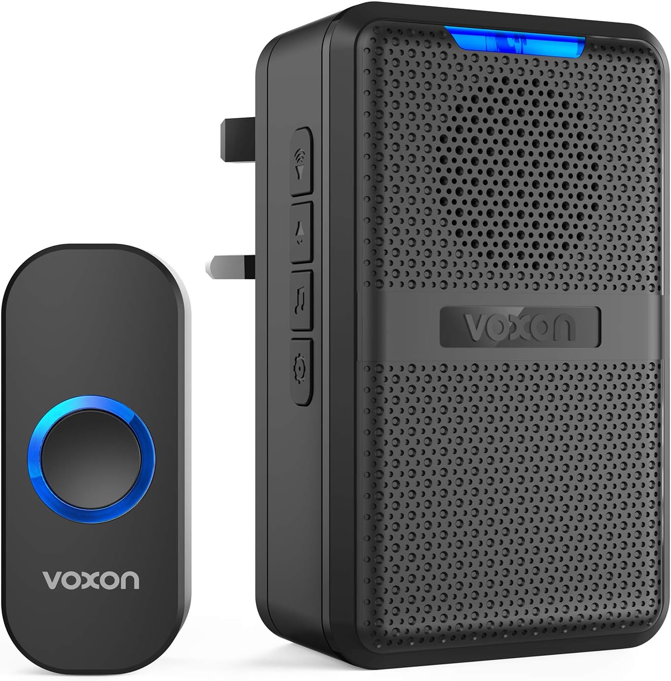 VOXON Wireless Doorbell, Waterproof Wall Plug-in Cordless Door Chime IP44 Kit With CD Quality Sound and Blue LED Flash 58 Melodies to Choose-Black