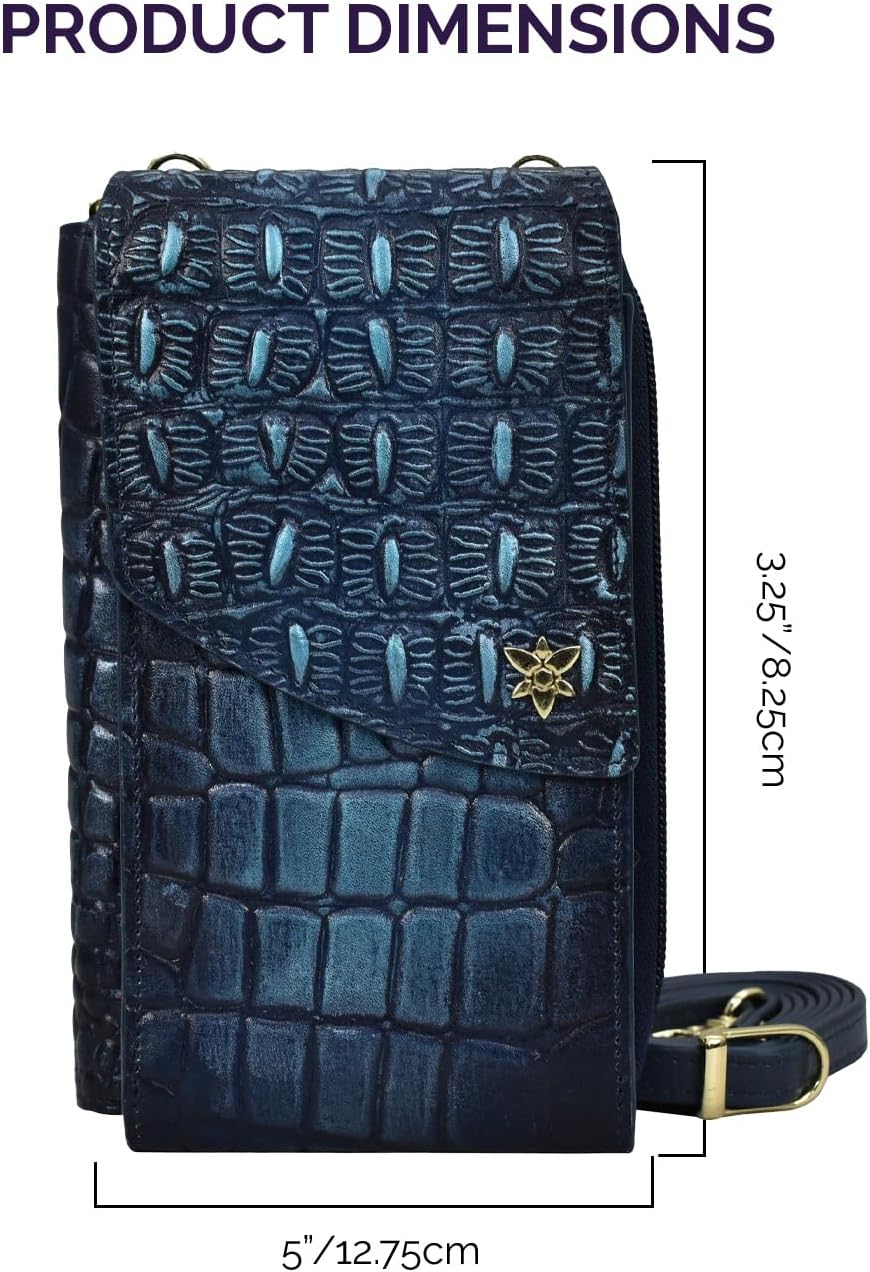 Anuschka Women’s Leather Phone Organiser – Hand-Painted Genuine Leather Phone Organiser with RFID Card Holders - 1173, Croc Embossed Sapphire