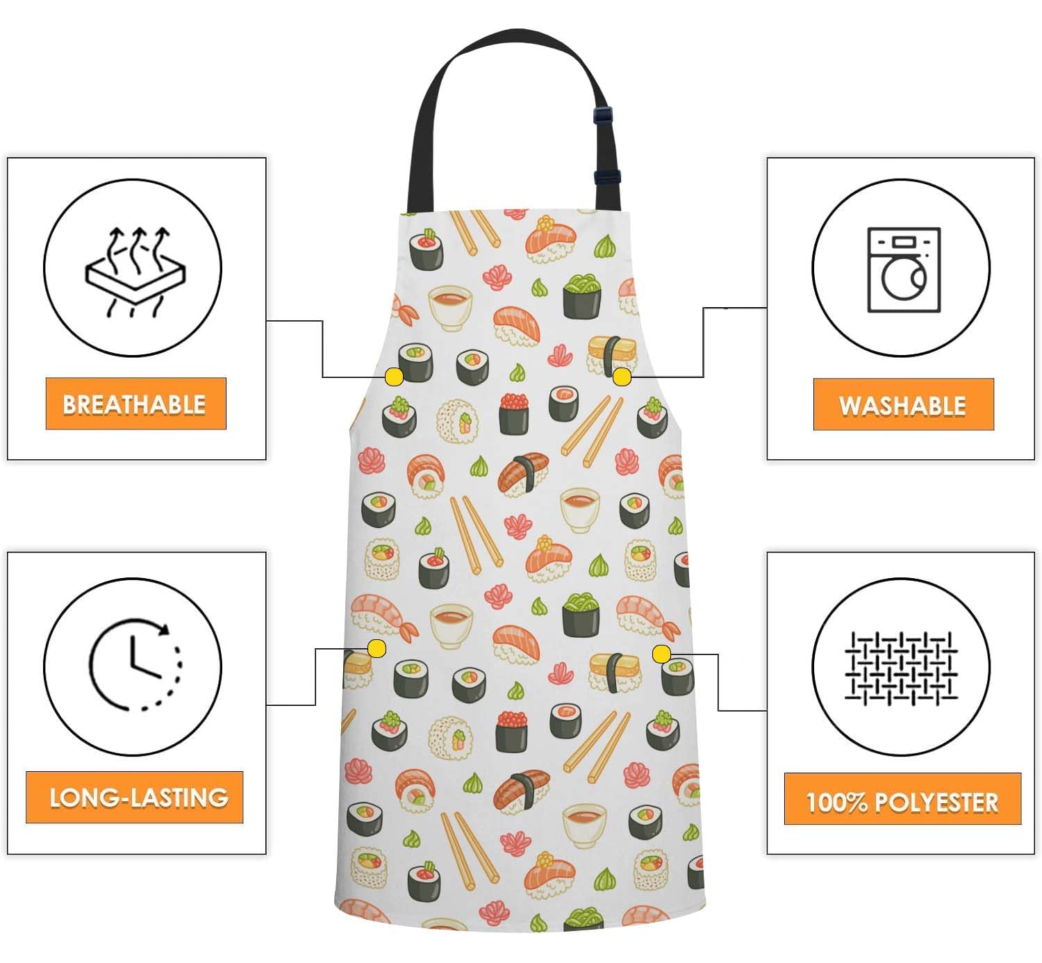 Smooffly Sushi & Rolls Pattern Apron, Unisex Adjustable Bib Apron for Home Restaurant, Coffee House, Sushi and Rolls Pattern - Image 4