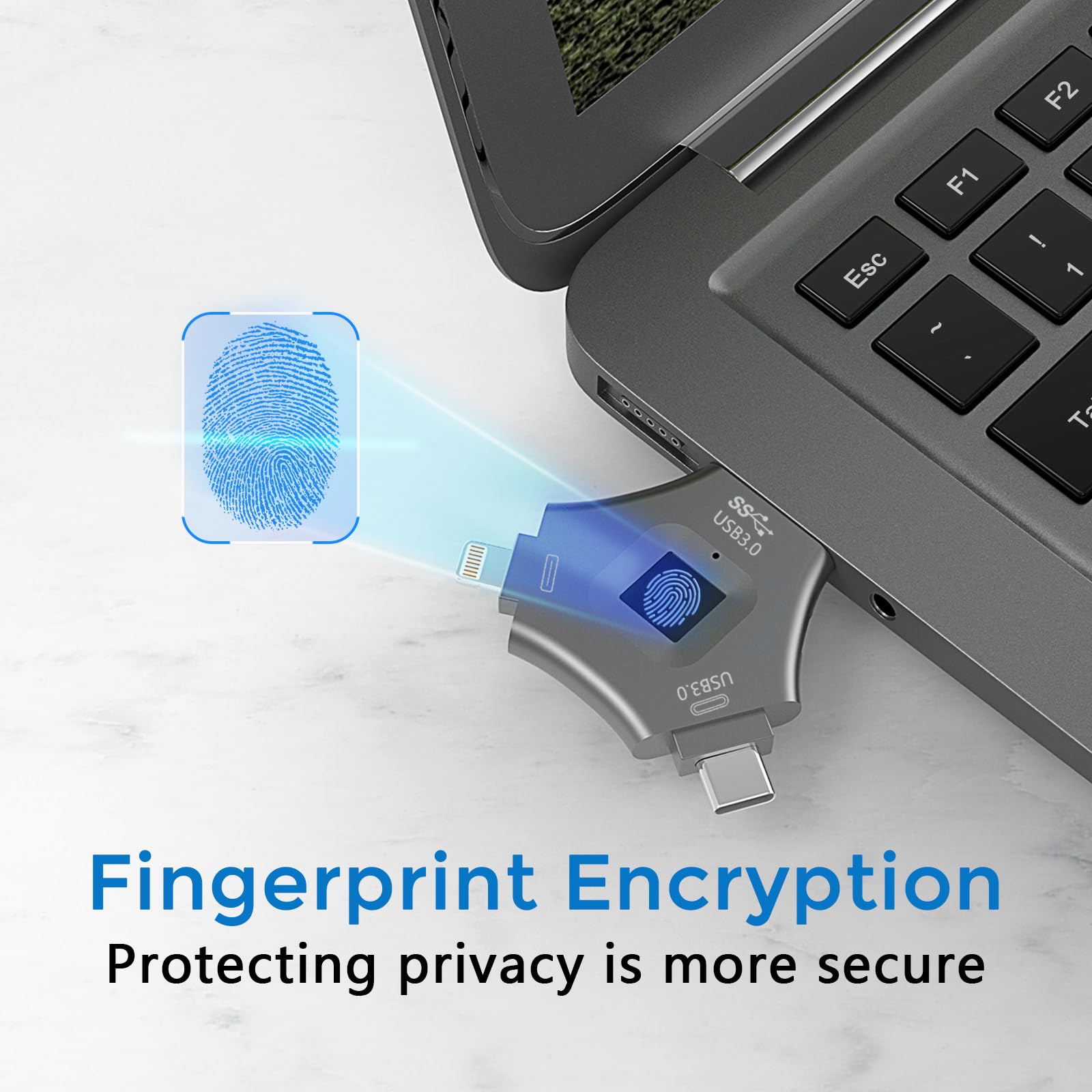 Adatto per iPhone USB 3.0 3 in 1 unità crittografata con impronte digitali, sicuro protetto da password disco USB crittografato archiviazione Adatto per Android/iPhone/iPad/PC