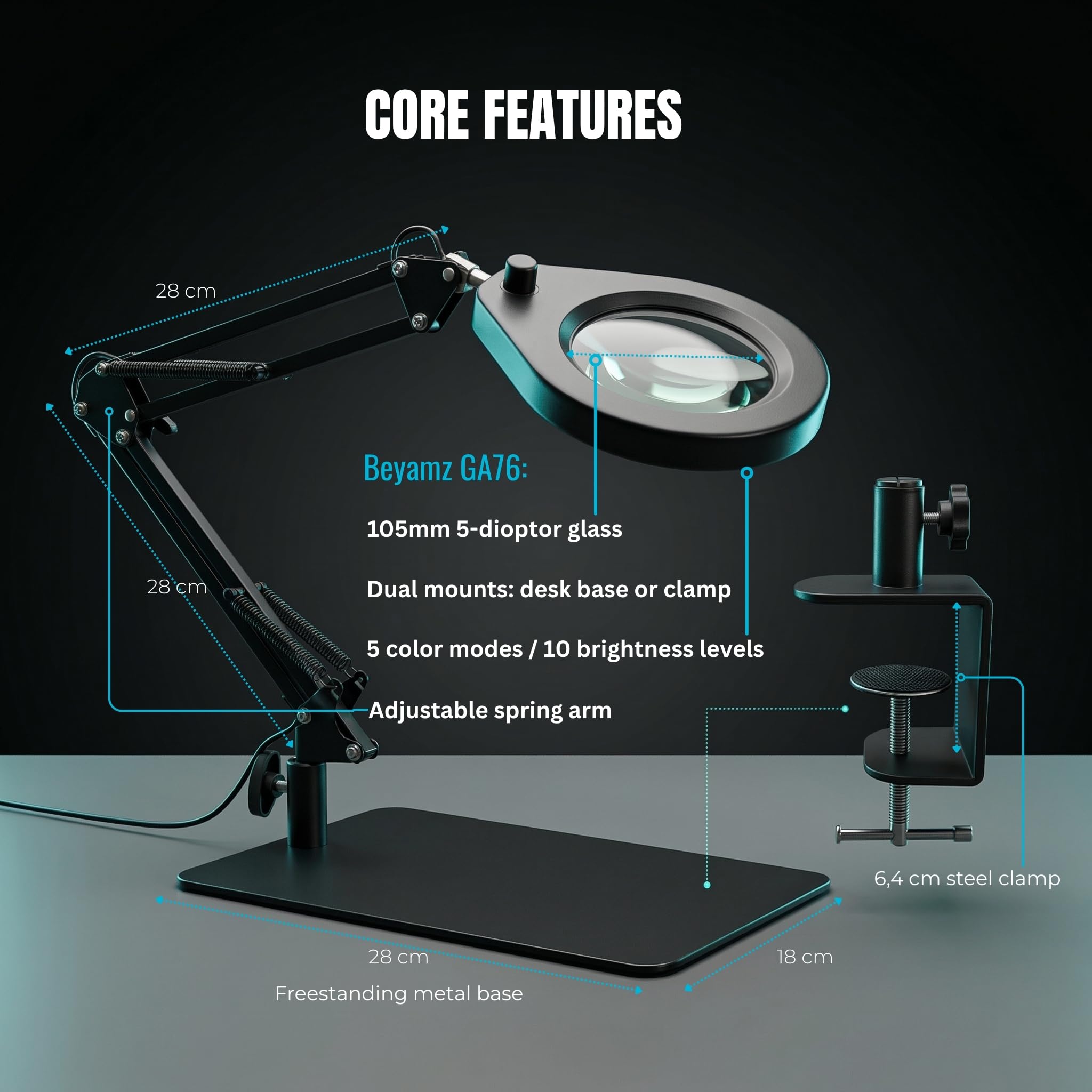 Lampa LED z lupą ze stojakiem i zaciskiem, 10,5 cm, 5-krotna lupa, ściemniane światła w 5 kolorach, pozycjonowanie ramienia obrotowego, do majsterkowania, hobby i czytania (prostokątna podstawa