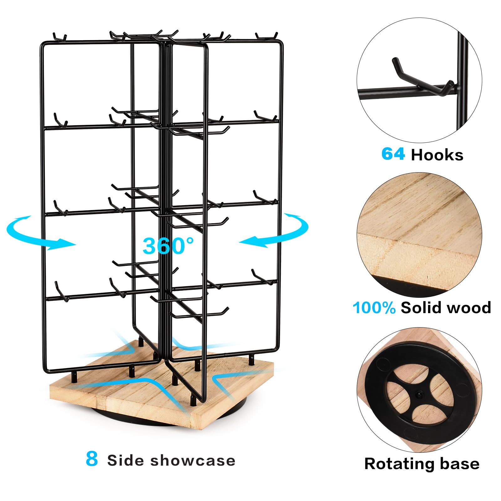 AJINGSHANG Earring Holder Organizer,360 Rotating Earring Display Stand for Vendors,64 Hooks Jewelry Organizer for Selling Earring Cards, Keychains, Rings, Bracelets Retail