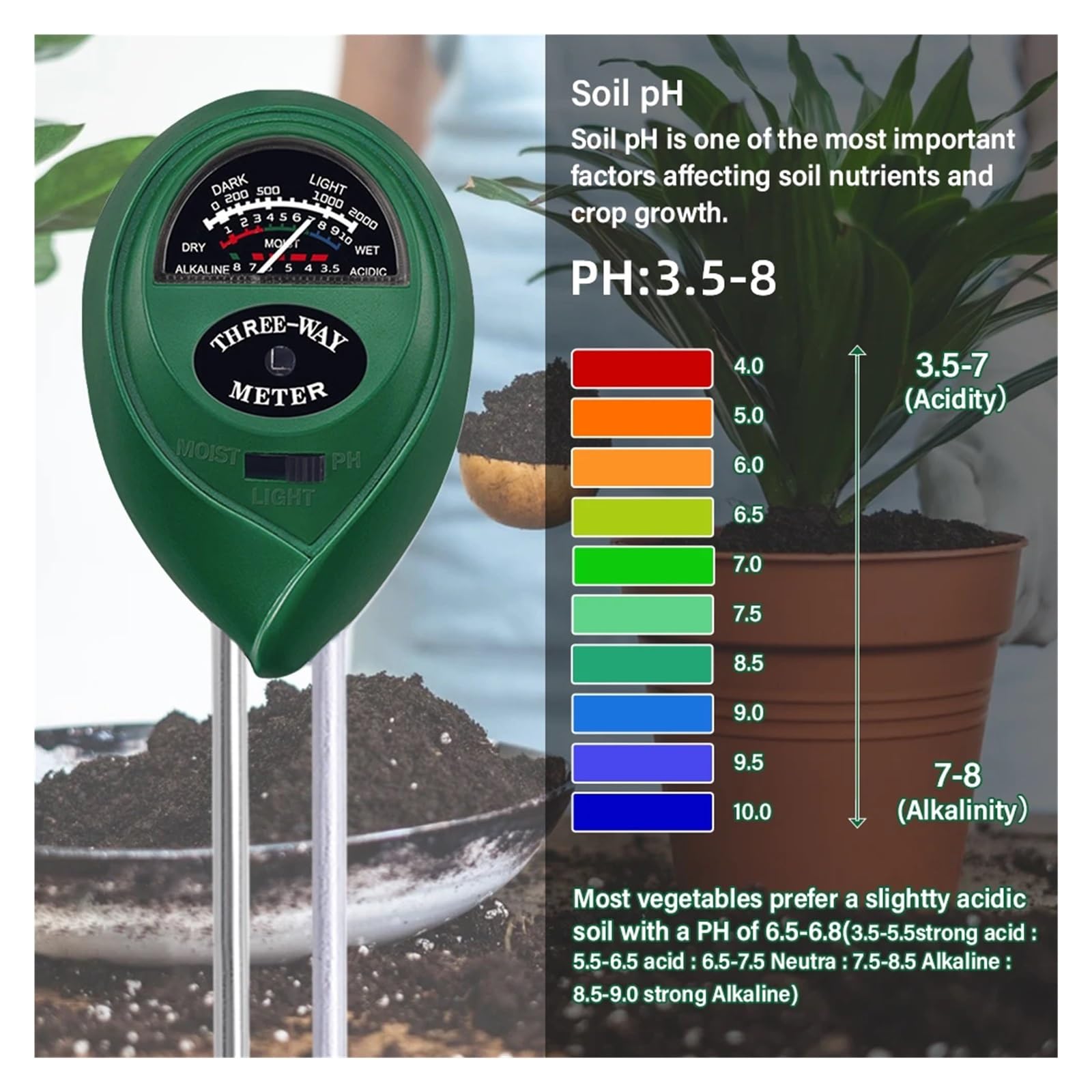 Medidor De Humedad Medidor De Ph Del Suelo Monitor De Humedad Solar Jardín Tierras De Cultivo Plantación Flor Acidez Probador Del Suelo(Green)