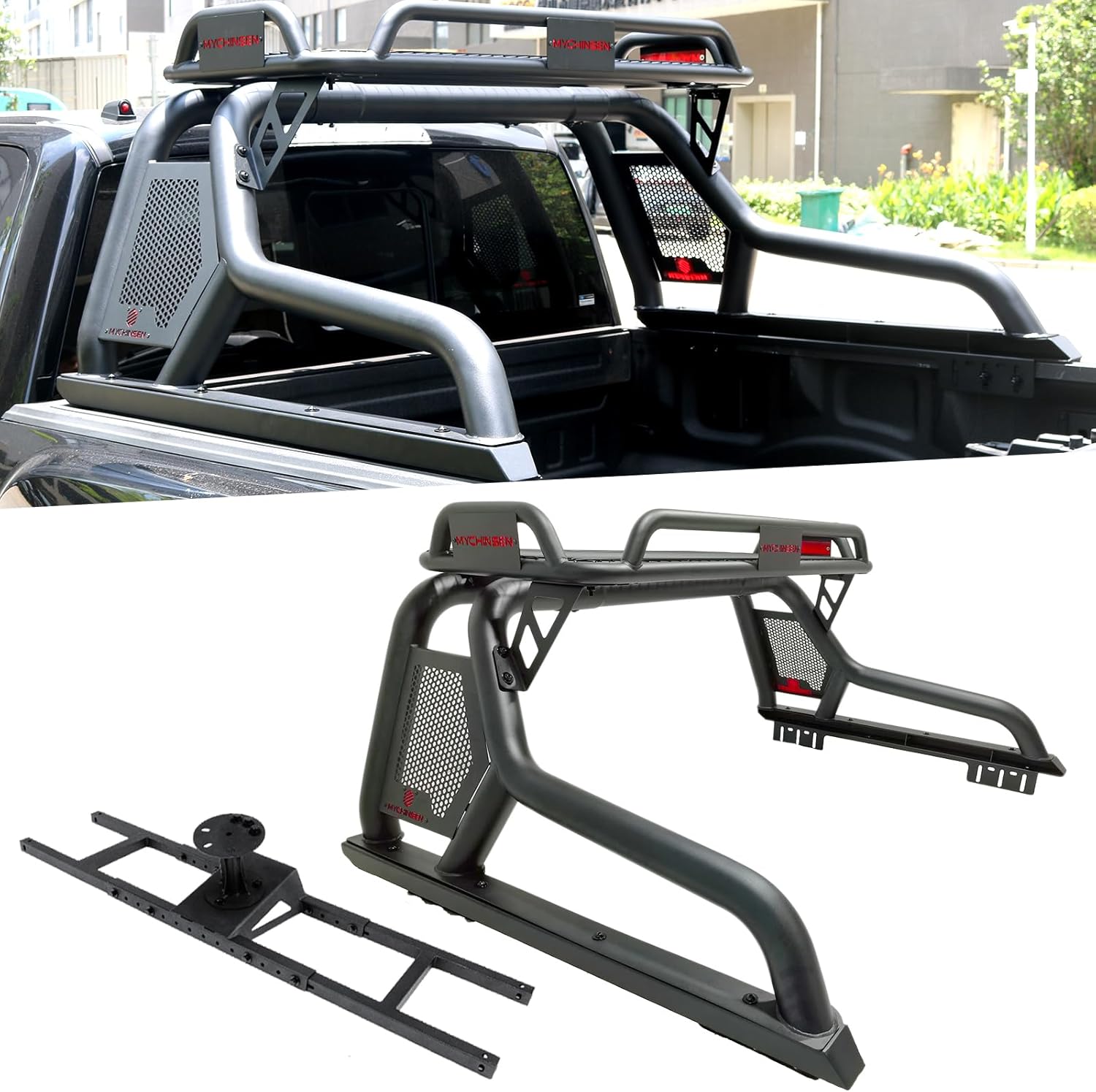 Roll Bars with Cargo Basket Tire Carrier Full Size Trucks,Fit for 2002+ Dodge Ram 1500/2500,2015+ Ford F-150/F 250/F-350,2014+ Chey Silverado&GMC Sierra 1500/2500,2004+ Toyota Tundra,Black Roll Bars