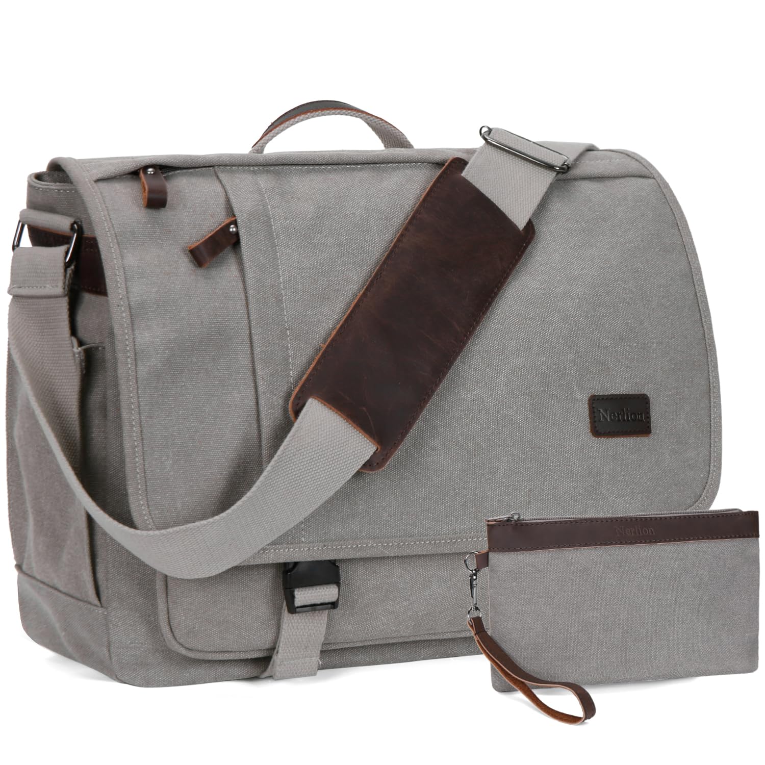 Nerlion Messenger Bag for Men 17-17.3 Inch Laptop Bag Canvas Water-resistant Computer Bag Shoulder Bag Work Briefcase Bookbag for College (Light Gray)