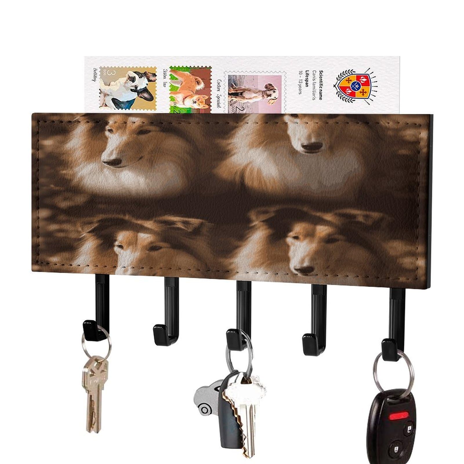 FekiLoot Shelties Key Holder Wall Mount Key Hooks for Wall Decorative with 5 Hooks PU Mail Rack Organizer with Shelf for Entryway Mudroom Hallway Office 7.1X4.3 in