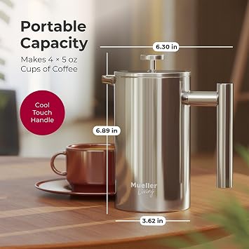 MuellerLiving French Press Coffee Maker 20 oz، قهوة فرنسية من الفولاذ المقاوم للصدأ، 4 فلتر مقاوم للحرارة معزول مزدوج، خالي من الصدأ، درجة الطعام، وعاء قهوة آمن لغسالة الأطباق