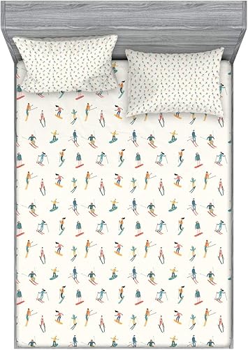 Lunarable Juego de sábanas bajeras y fundas de almohada, composición temática de deportes de invierno y snowboard con actividades de centros