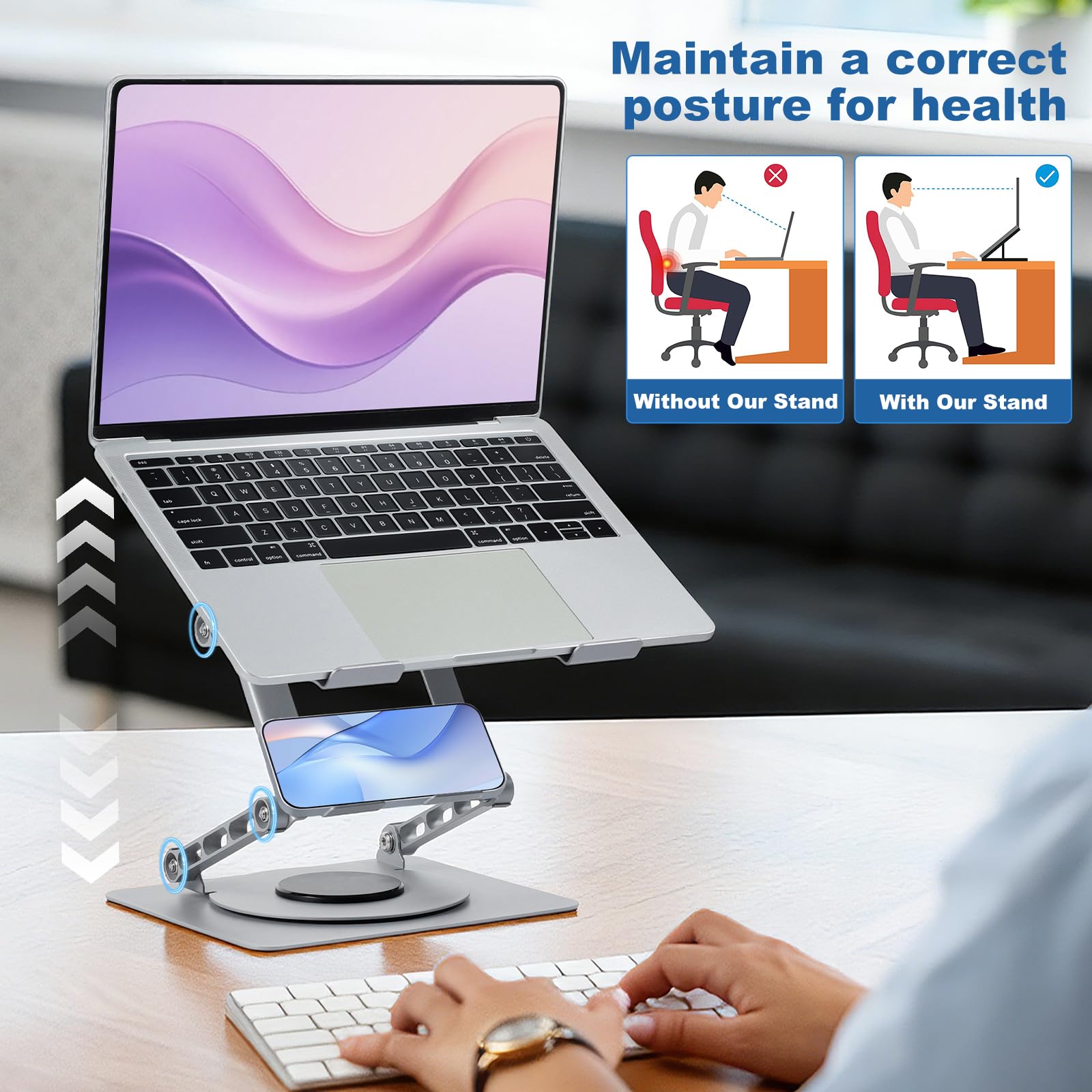 Supporto da scrivania per computer portatile, ergonomico, regolabile in altezza a 360°, supporto per computer in alluminio ventilato compatibile con MacBook Air, Dell XPS, laptop da 10 a 17,3