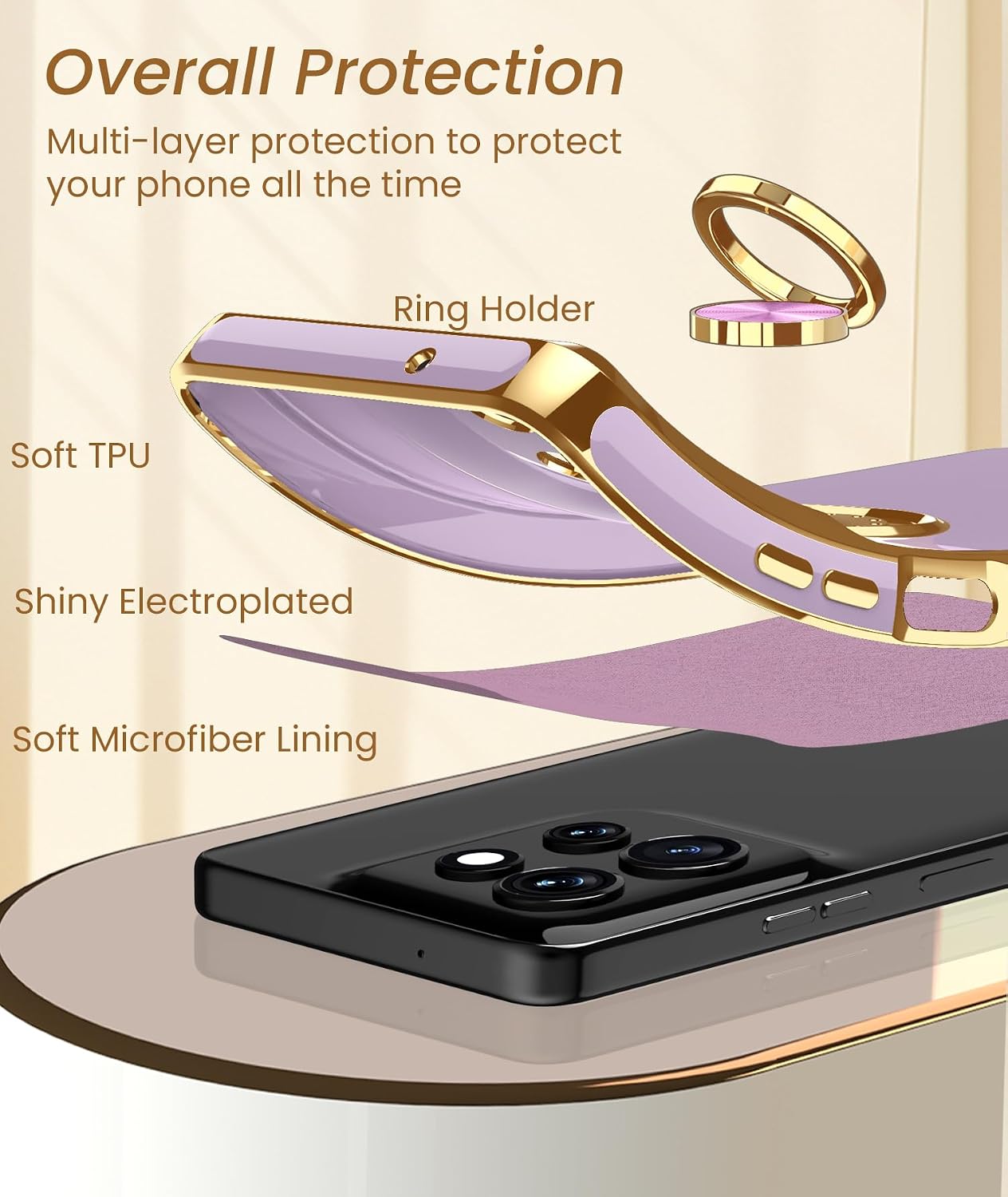 Dretal for Motorola Moto G Power 5G 2026 Case,2X Screen Protector,360° Rotatable Ring Holder Magnetic Kickstand,Plated Gold Edge Slim Soft TPU Protective Phone Cover for Moto G Power 5G 2026-Purple